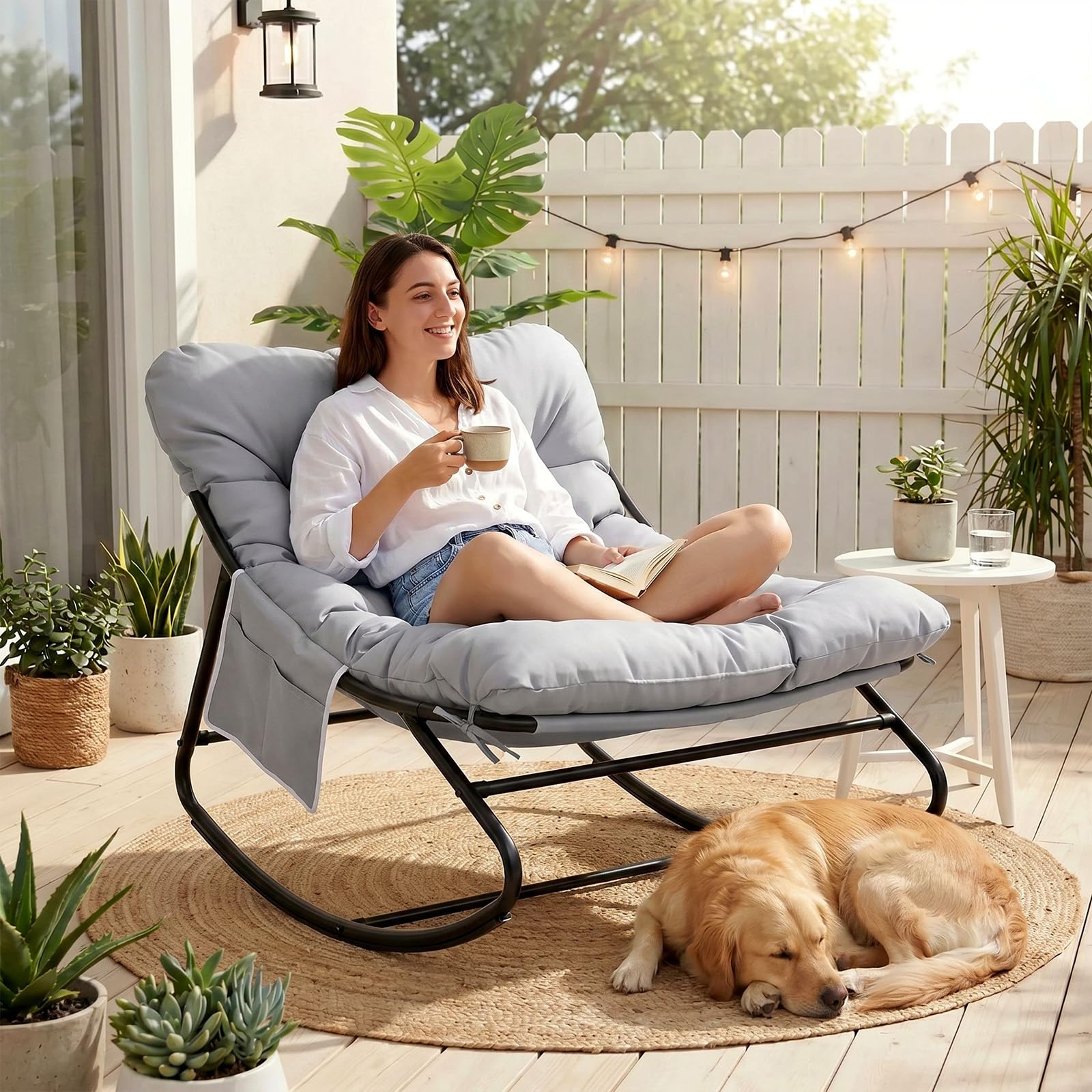 TLSUNNY Outdoor Papasan Rocking Chair, Lounge Chair with Cushion & Sturdy Metal Frame, Patio Rocker Chair for Balcony Backyard Porch Bedroom (1, Beige)