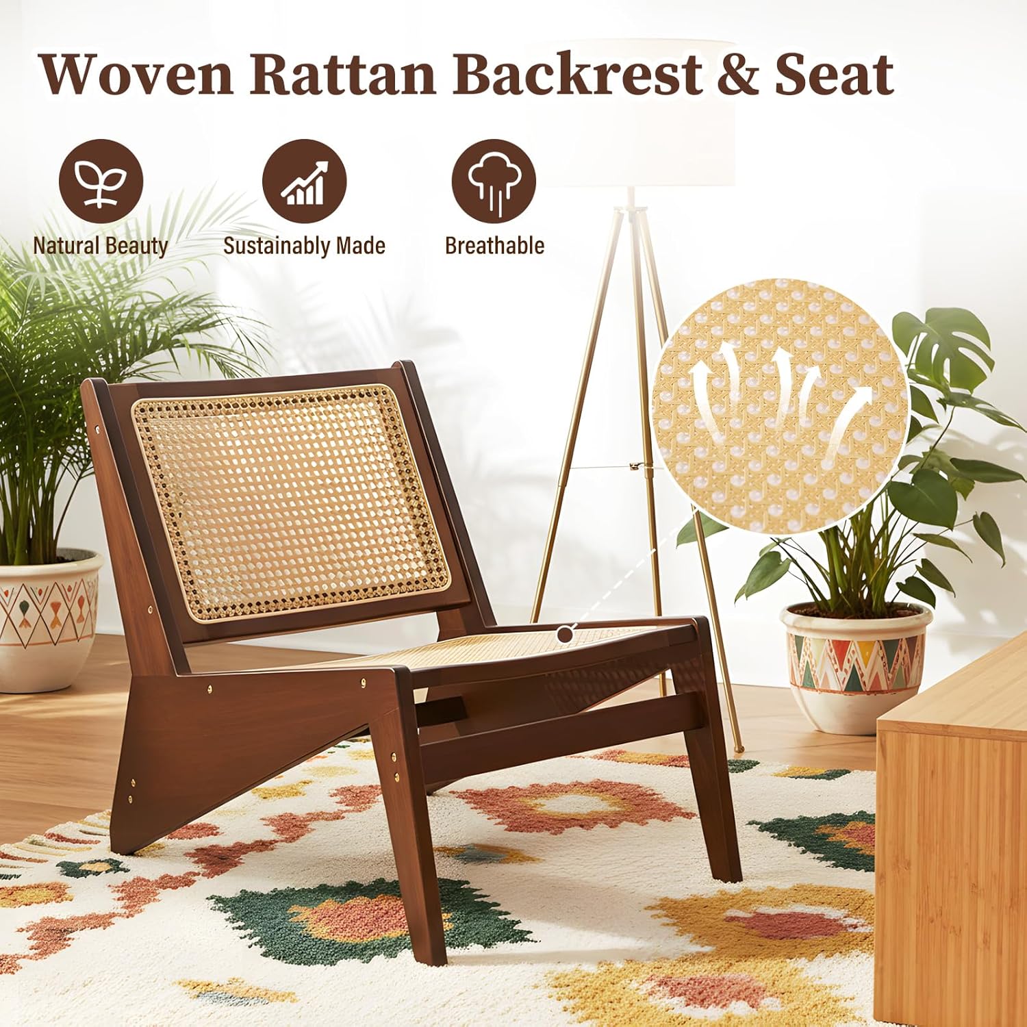 Furlide Mid-Century Rattan Accent Chair, Walnut