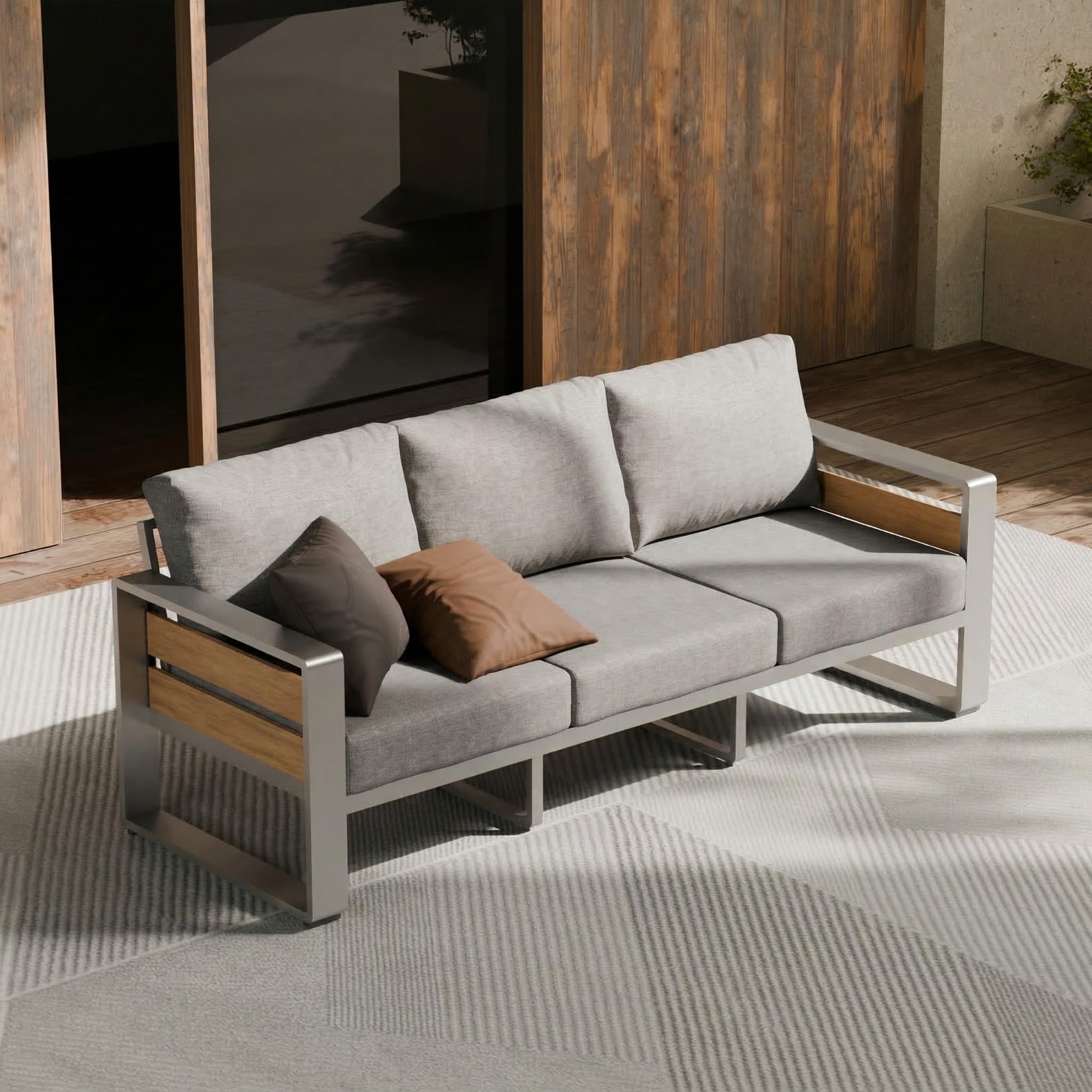 ZANDOR Outside Aluminum Lawn Furniture - 1 Pcs Loveseat, All-Weather Metal Modern Outdoor Loveseat Sofa with Washable Thick Cushion for Garden/Backyard/Porch, Silver