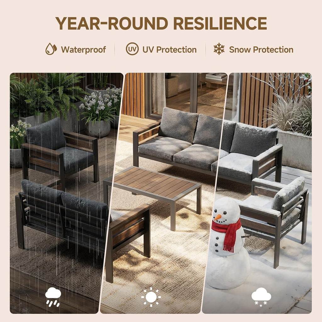 Outdoor Aluminum Patio Furniture Set, 3 Seat Rust-resistant Patio Conversation Sofa with Thick Washable Cushions and 15.2"H Supported Back, Oversized Metal Sectional Sofa Set for Backyard Porch Deck
