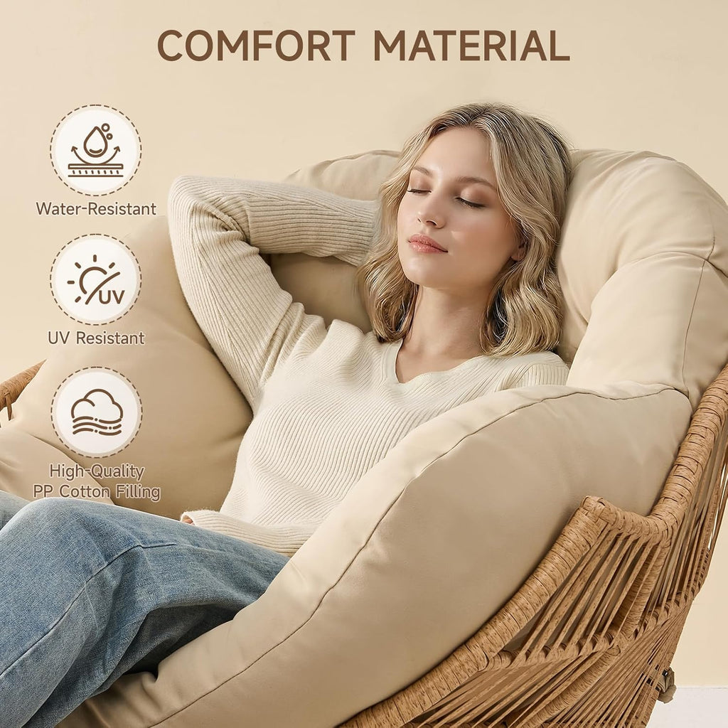 ONBRILL Papasan Rocking Chair with Ottoman,Oversized Papasan Chair with Padded Cushion, Indoor & Outdoor Rocker Chair for Living Room, Patio, Garden, Beige