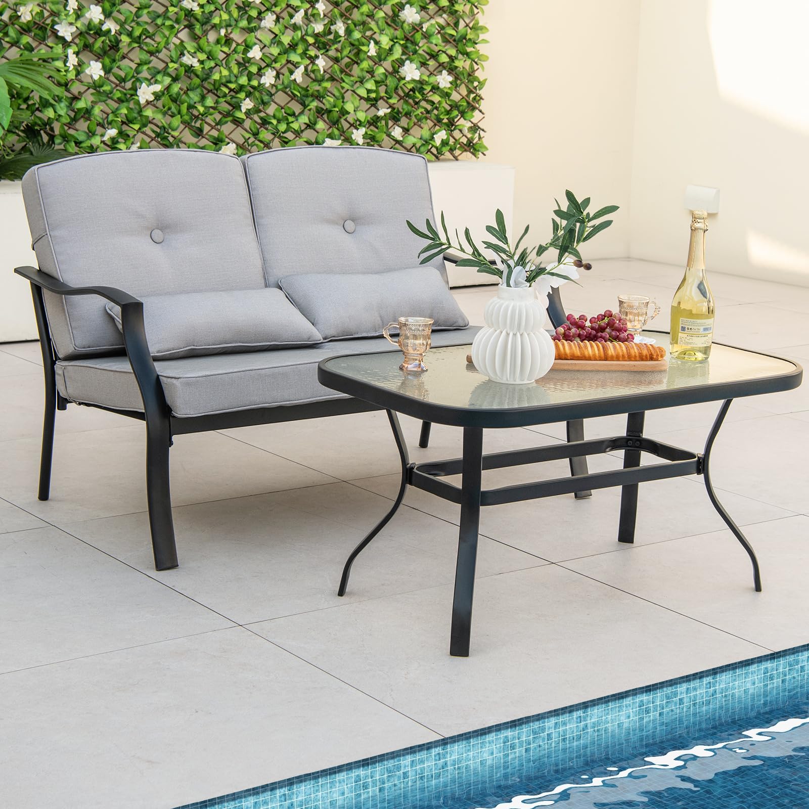 Tangkula 2 Piece Patio Furniture Set, Outdoor Loveseat Chair Set with Seat Back Cushions & Waist Pillows, Tempered Glass Coffee Table, Heavy-Duty Metal Sofa Set for Yard Garden Balcony Poolside