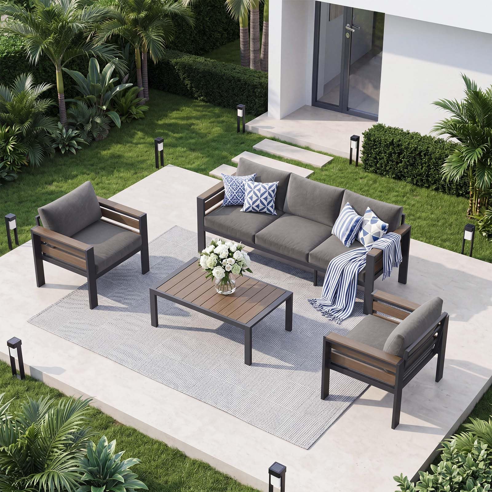 DoCred Aluminum Patio Furniture Set, 3-Seat Metal Sofa for Patio Conversation Set, Outdoor Sofa Set for Porch, Balcony, Deck, Yard, Poolside
