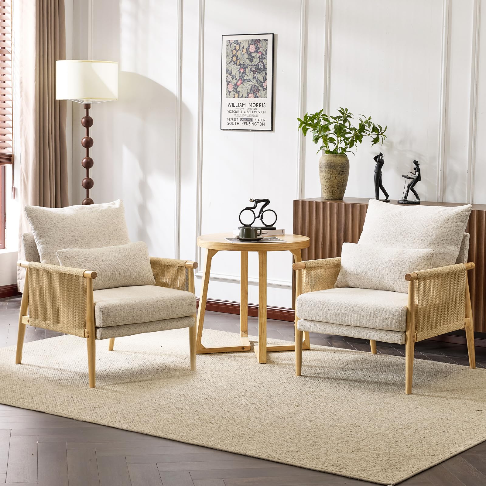 VINGLI Boho Braid Accent Armchair,Mid-Century Modern Chiar with Solid Wooden Armrest,Comfy Louge Cushion Chair with Waist Pillow for Bedroom,Living Room,Reading Room, Beige