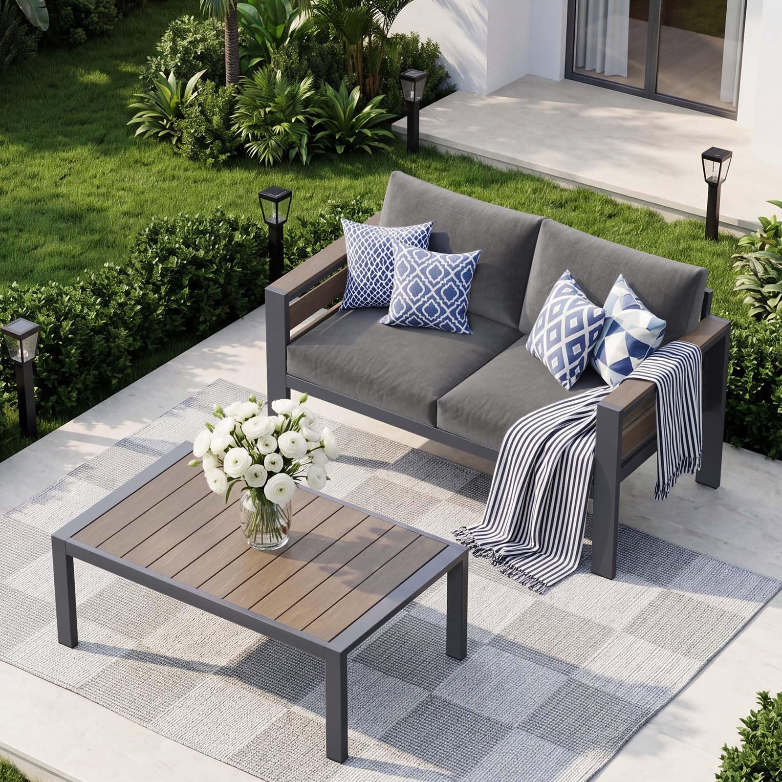 DoCred Aluminum Patio Furniture Set, 3-Seat Metal Sofa for Patio Conversation Set, Outdoor Sofa Set for Porch, Balcony, Deck, Yard, Poolside