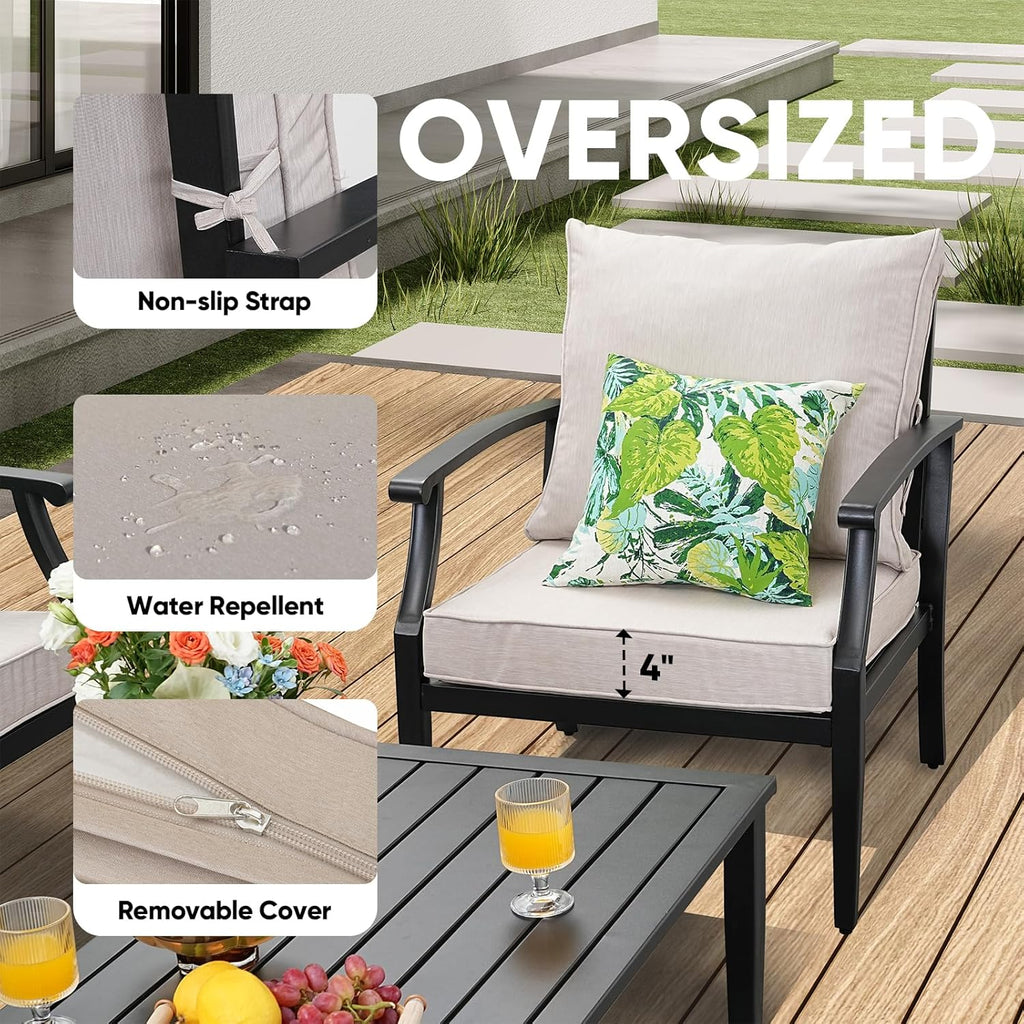JOYURE 4 Pieces Patio Furniture Set w/loveseat,Coffe Table,Outdoor Conversation Metal Sofa with High Back and Thick Cushion,for Backyard,Garden,Beige