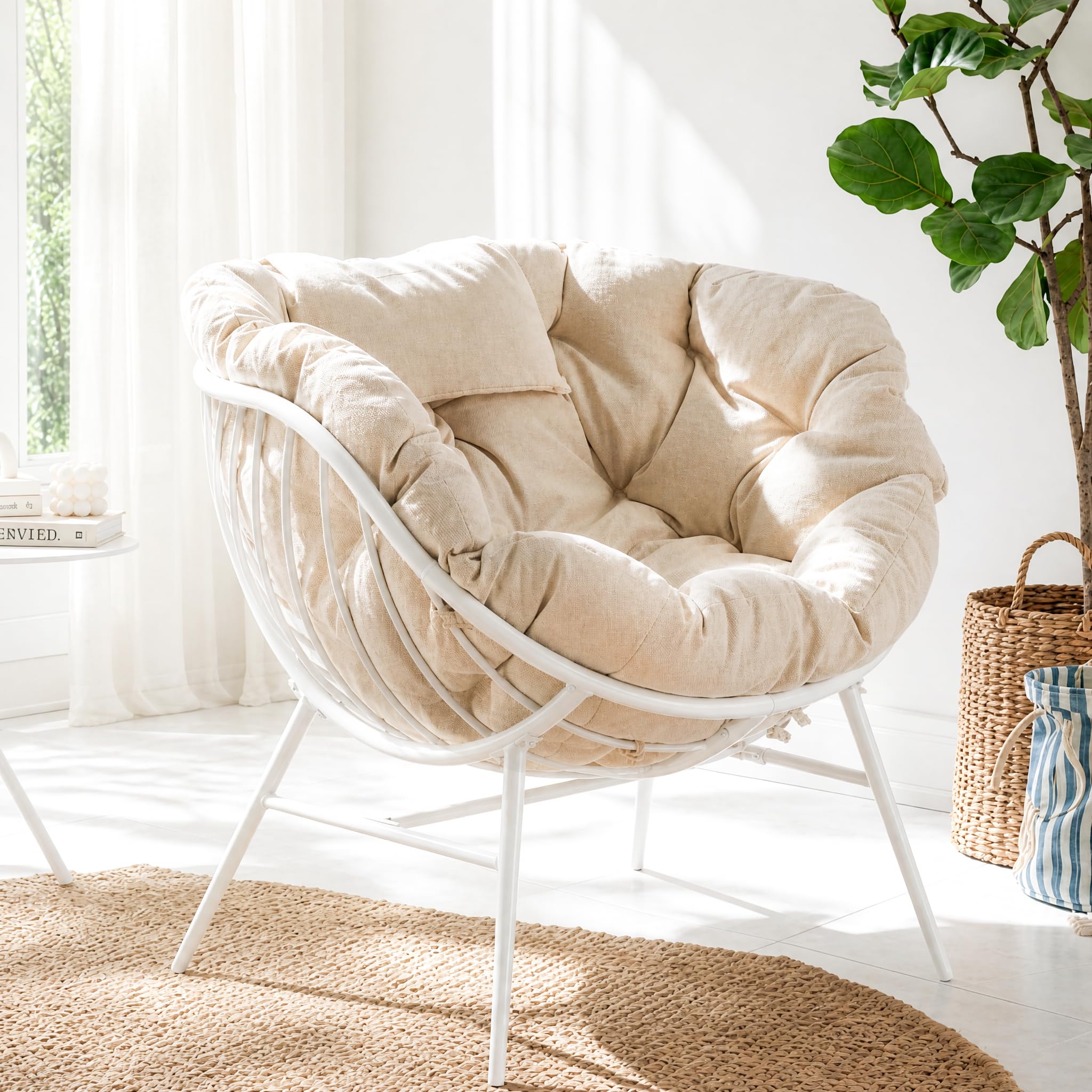 Oversized Outdoor Rocking Chair, Patio Papasan Egg Chair, Rocker Reading Lounge with Thick Cushion, Comfy Indoor Rocker Chair for Bedroom, Living Room, Porch, Poolside