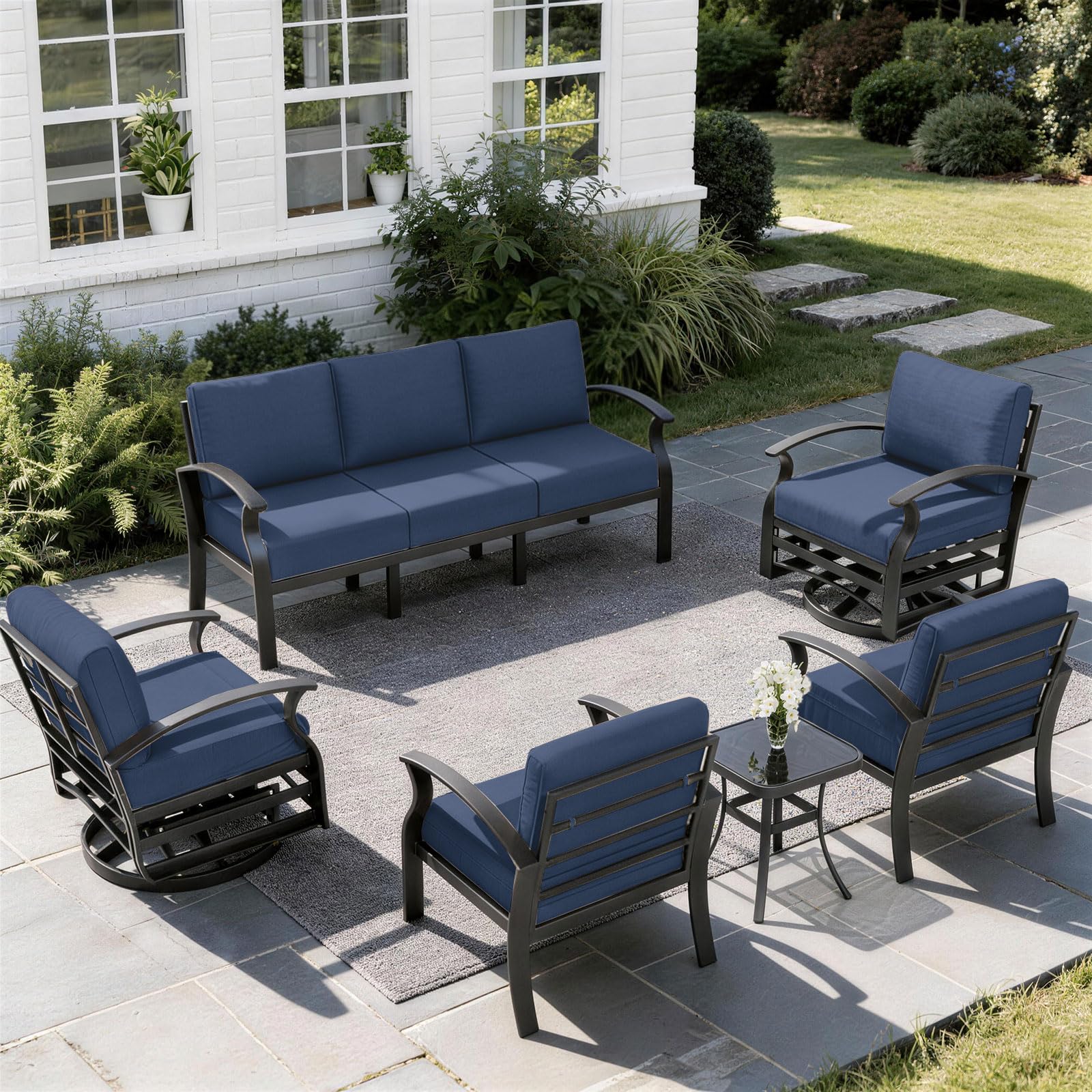 ALAULM Aluminum 3-Seat Patio Furniture Set, Metal Outdoor Furniture Sectional Sofas w/5.1" Cushions for Patio, Backyard, Poolside-DarkBlue