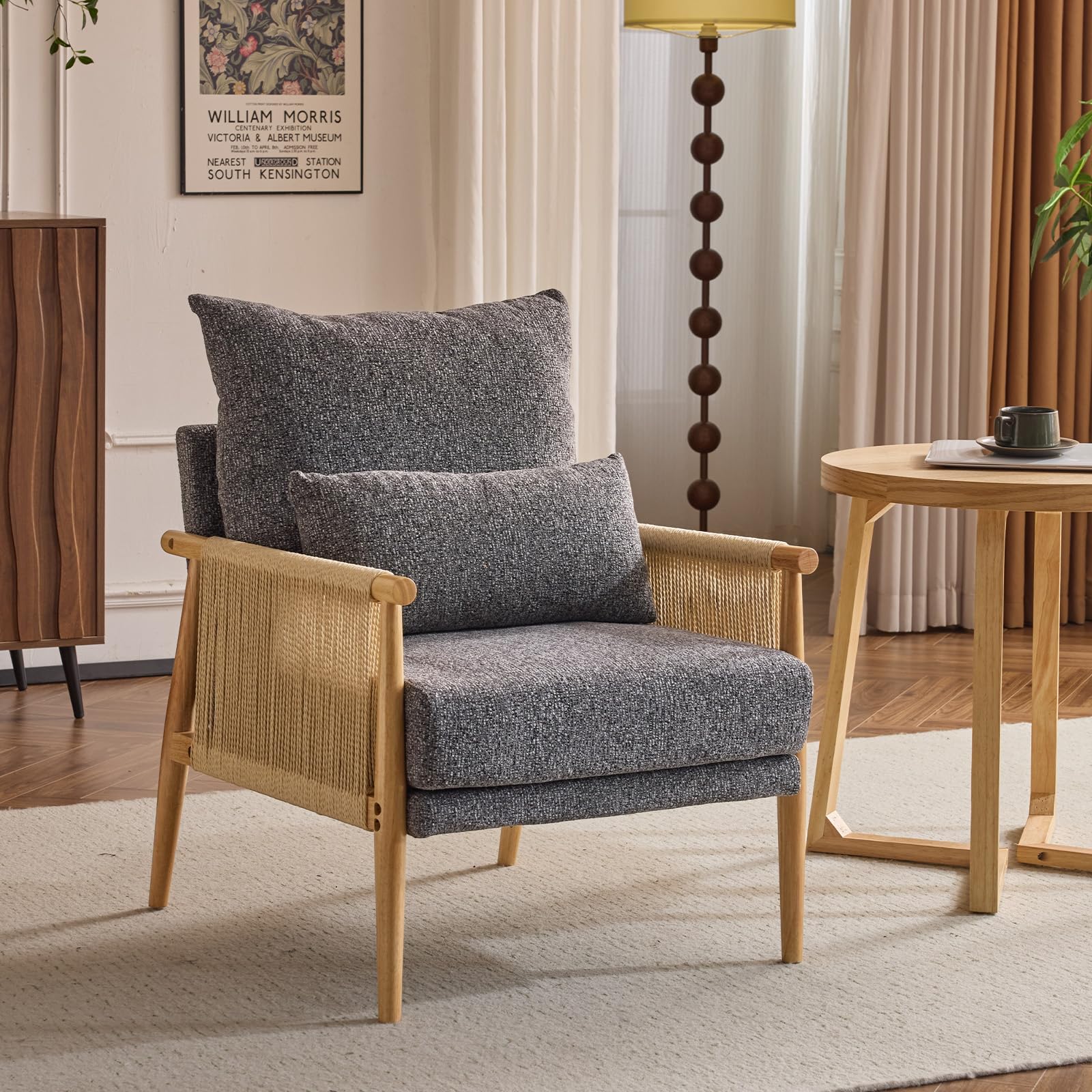 VINGLI Boho Braid Accent Armchair,Mid-Century Modern Chiar with Solid Wooden Armrest,Comfy Louge Cushion Chair with Waist Pillow for Bedroom,Living Room,Reading Room, Beige