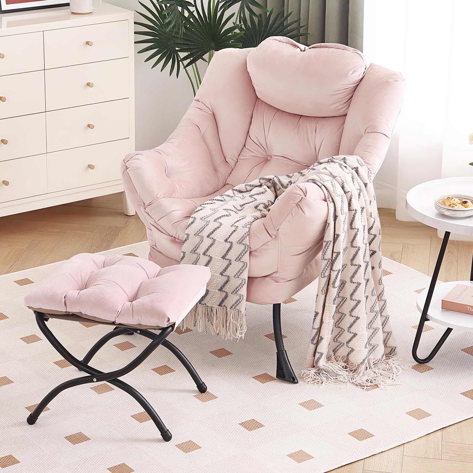 Furlide Lazy Chair with Ottoman, Modern Accent Chair with Armrests and a Side Pocket, Orange Accent Chairs, Reading Chairs, Oversized Armchairs for Bedroom, Study, Living Room, Courtyard