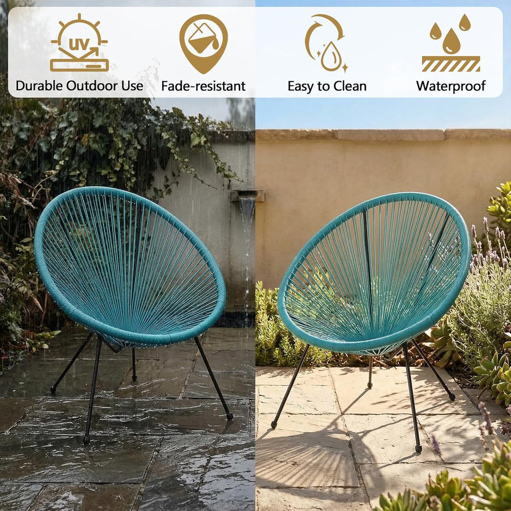 Acapulco Chair of 2, Outdoor Egg Chair with Woven Rattan Steel Frame for Backyard Poolside Balcony Indoor Dining Room (Blue)