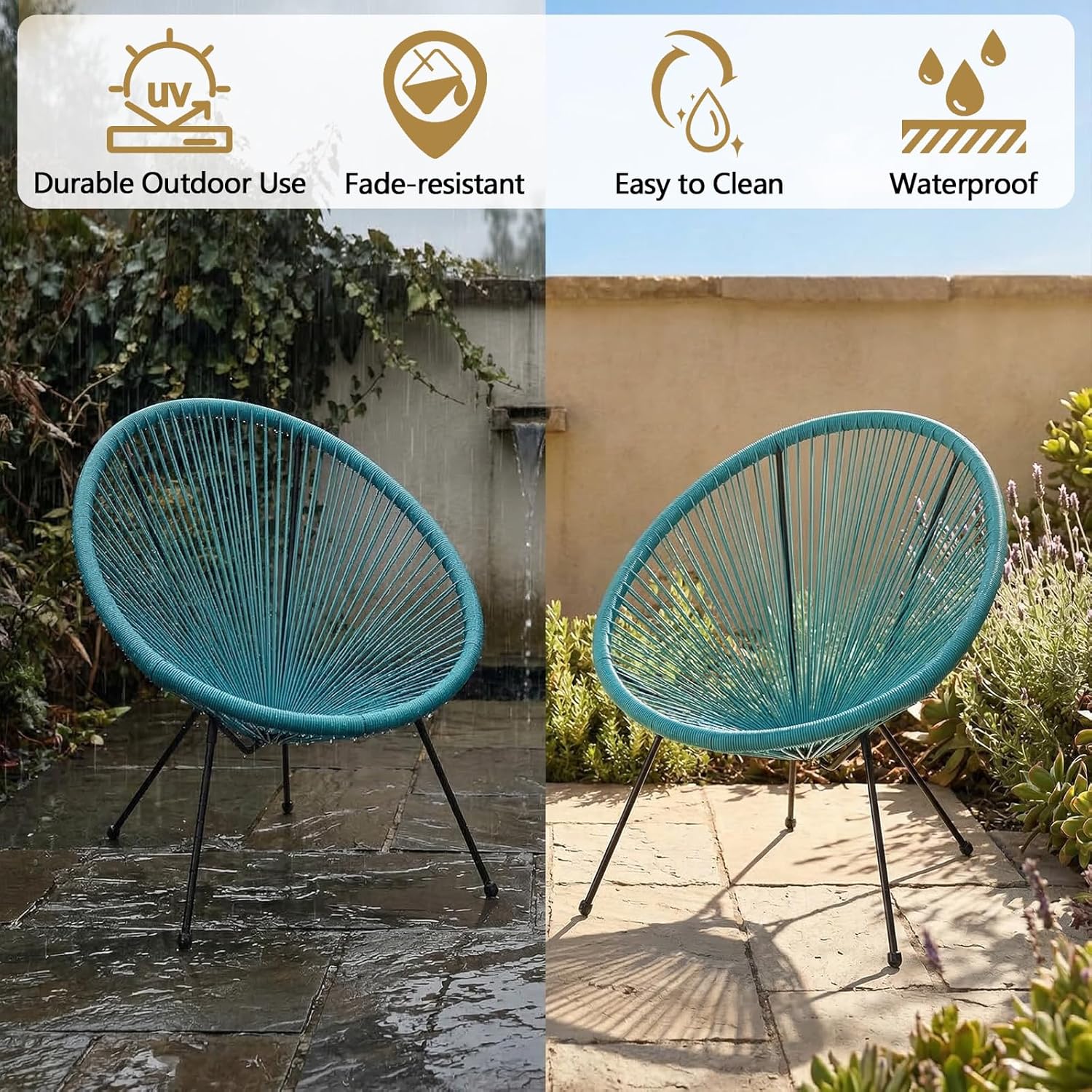 Acapulco Chair of 2, Outdoor Egg Chair with Woven Rattan Steel Frame for Backyard Poolside Balcony Indoor Dining Room (Blue)