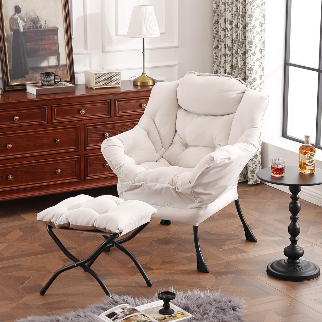 Furlide Lazy Chair with Ottoman, Modern Accent Chair with Armrests and a Side Pocket, Orange Accent Chairs, Reading Chairs, Oversized Armchairs for Bedroom, Study, Living Room, Courtyard