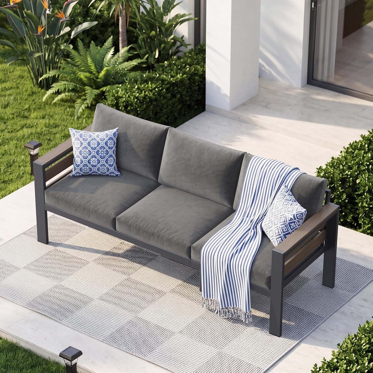 DoCred Aluminum Patio Furniture Set, 3-Seat Metal Sofa for Patio Conversation Set, Outdoor Sofa Set for Porch, Balcony, Deck, Yard, Poolside