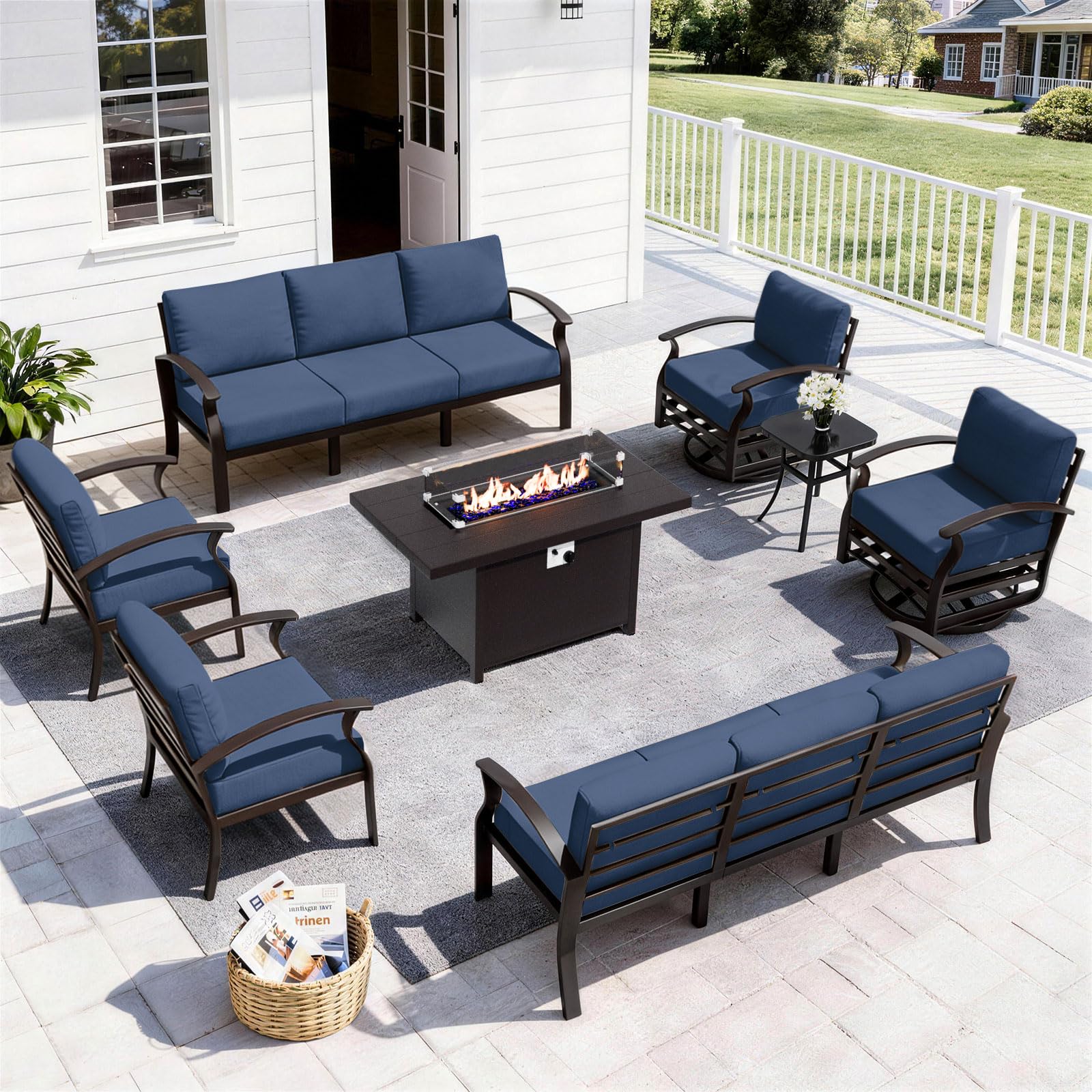 ALAULM Aluminum 3-Seat Patio Furniture Set, Metal Outdoor Furniture Sectional Sofas w/5.1" Cushions for Patio, Backyard, Poolside-DarkBlue