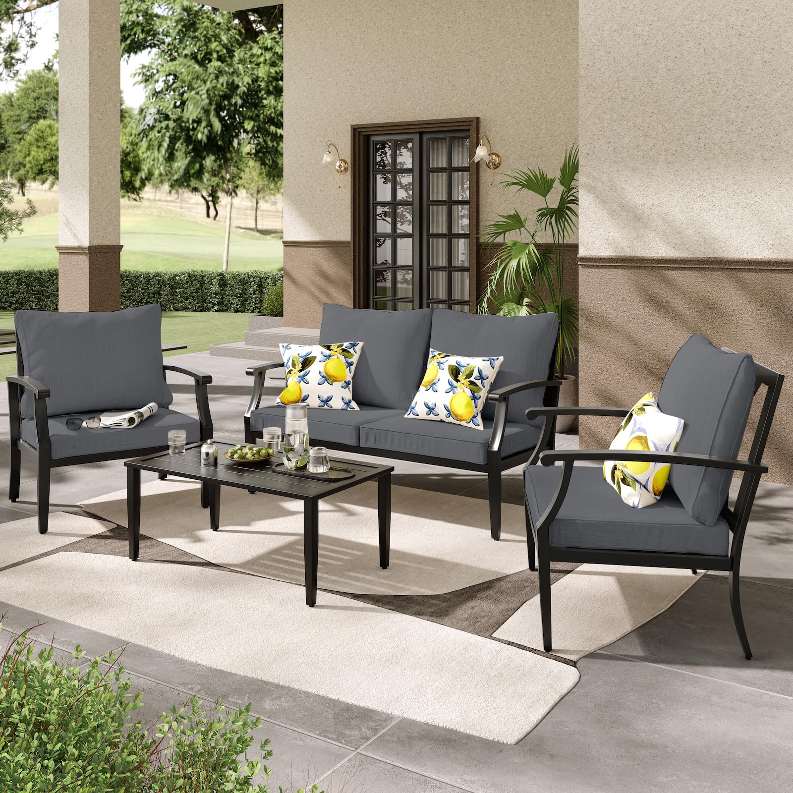 JOYURE 4 Pieces Patio Furniture Set w/loveseat,Coffe Table,Outdoor Conversation Metal Sofa with High Back and Thick Cushion,for Backyard,Garden,Beige