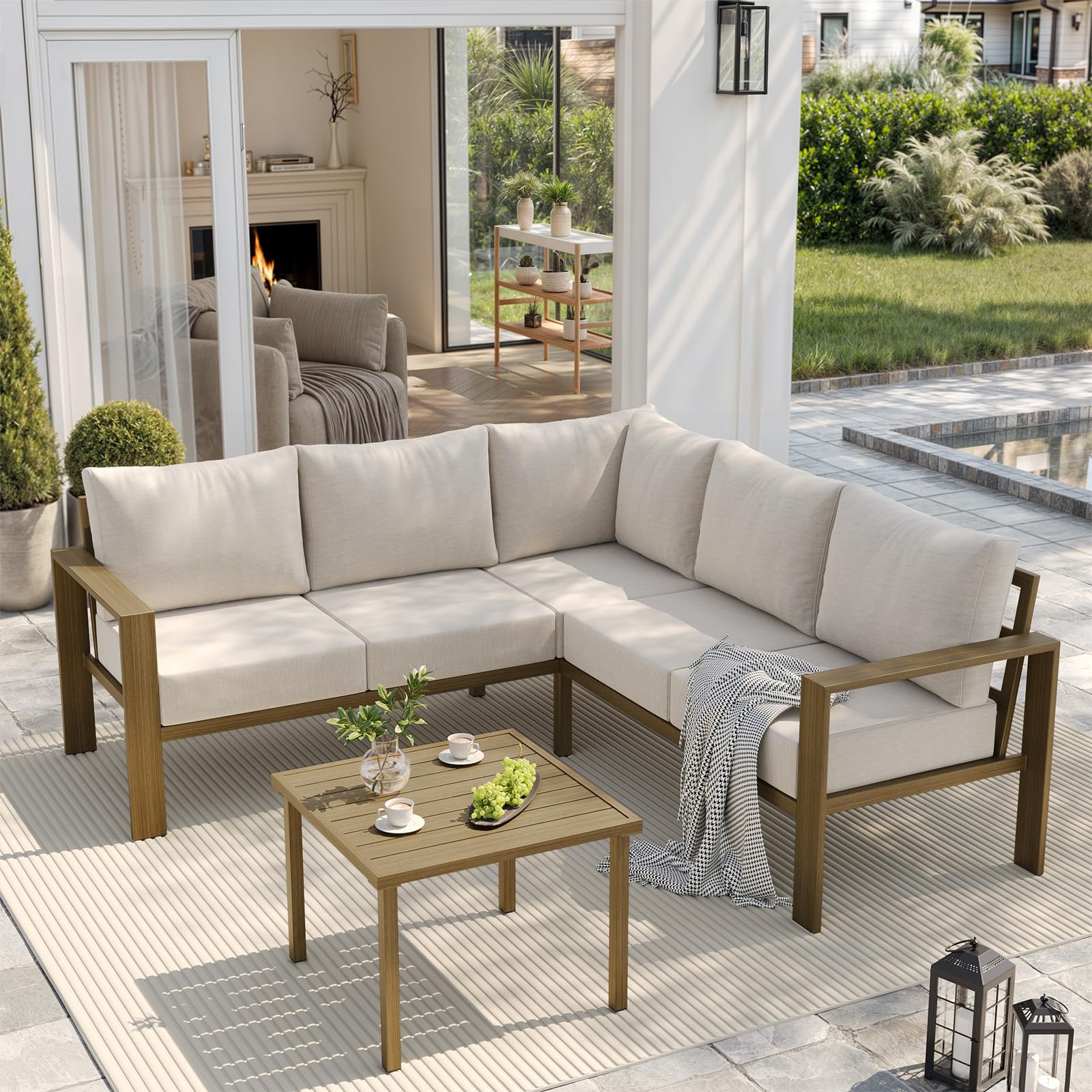 UDPATIO 6 Piece Patio Furniture Set, Metal Outdoor Sectional Sofa with 6" Thick Olefin Cushions, Wide Armrest & Coffee Table, L Shaped Outdoor Furniture for Garden, Backyard Beige