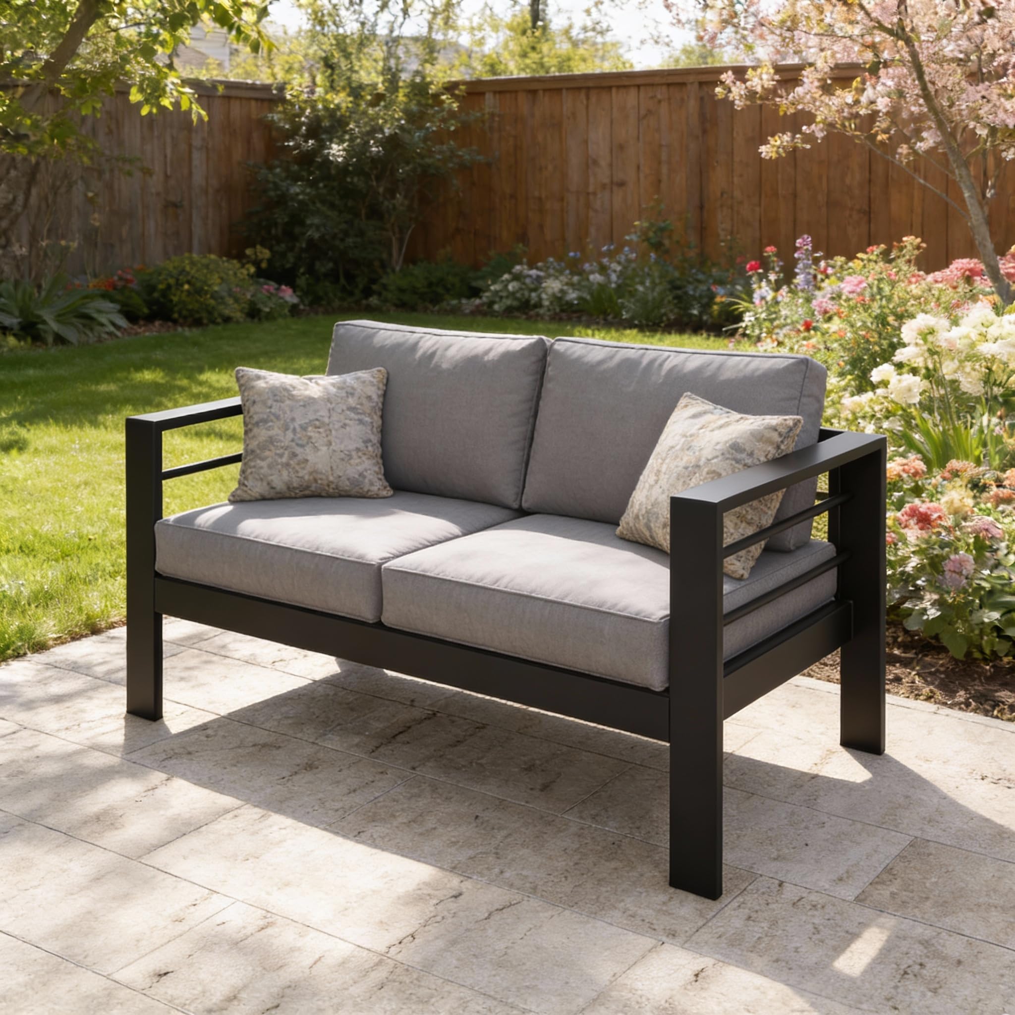 Kiss the Water Outdoor Couch Aluminum Patio Furniture Sofa, 3 Seat All-Weather Metal Patio Couch with 5" Thick and Soft Cushion and Wide Arm, Outdoor Sofa for Balcony, Porch