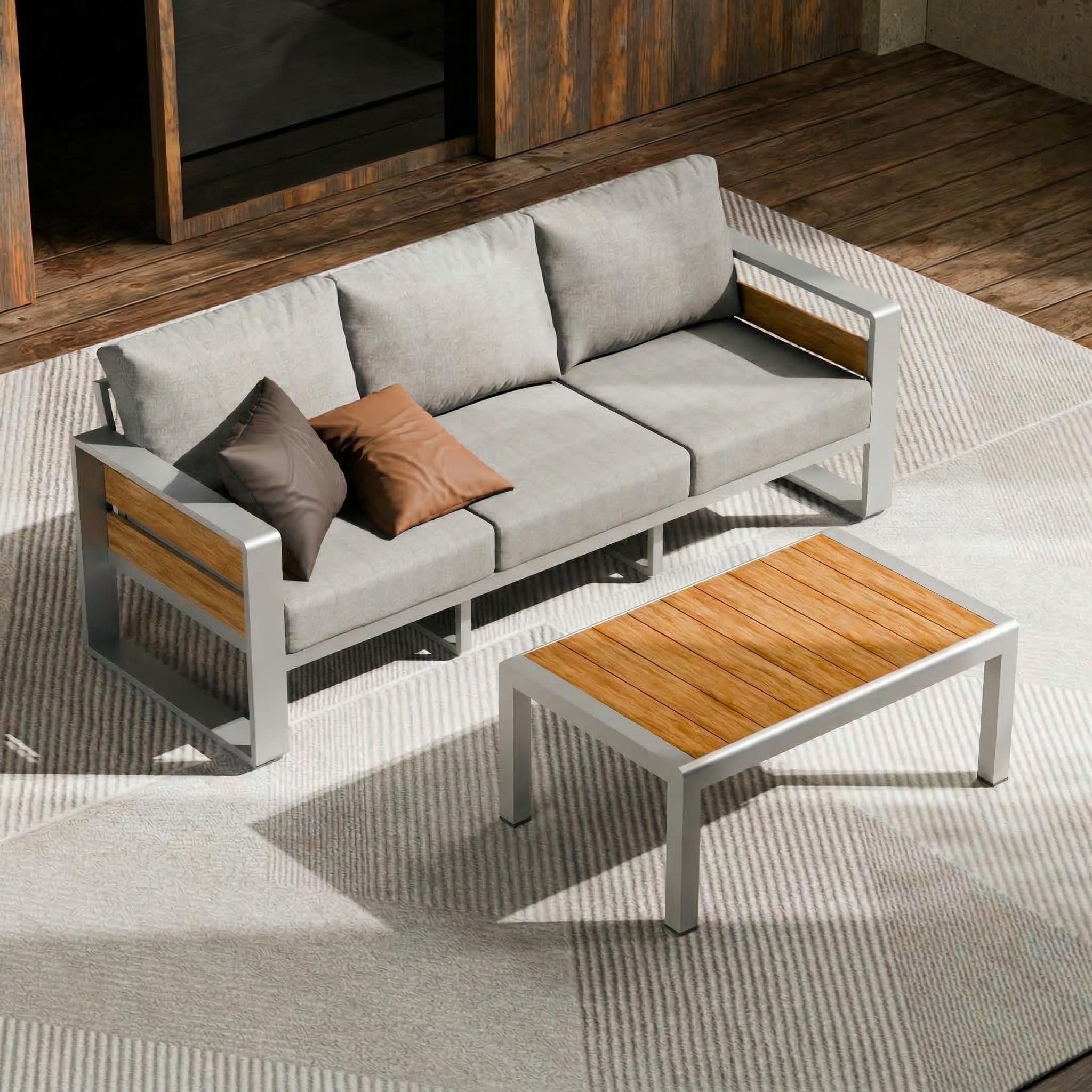 ZANDOR Outside Aluminum Lawn Furniture - 1 Pcs Loveseat, All-Weather Metal Modern Outdoor Loveseat Sofa with Washable Thick Cushion for Garden/Backyard/Porch, Silver