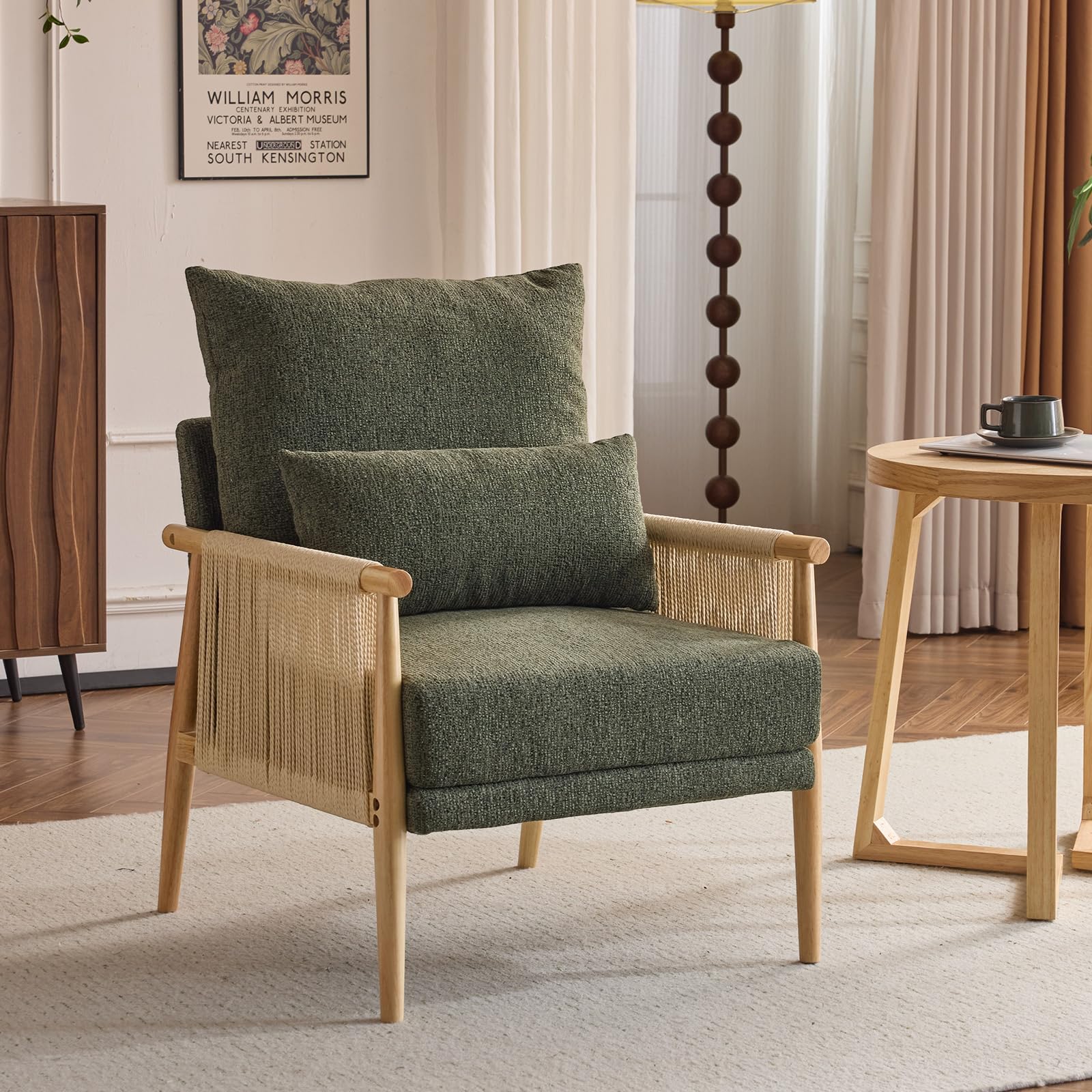 VINGLI Boho Braid Accent Armchair,Mid-Century Modern Chiar with Solid Wooden Armrest,Comfy Louge Cushion Chair with Waist Pillow for Bedroom,Living Room,Reading Room, Beige