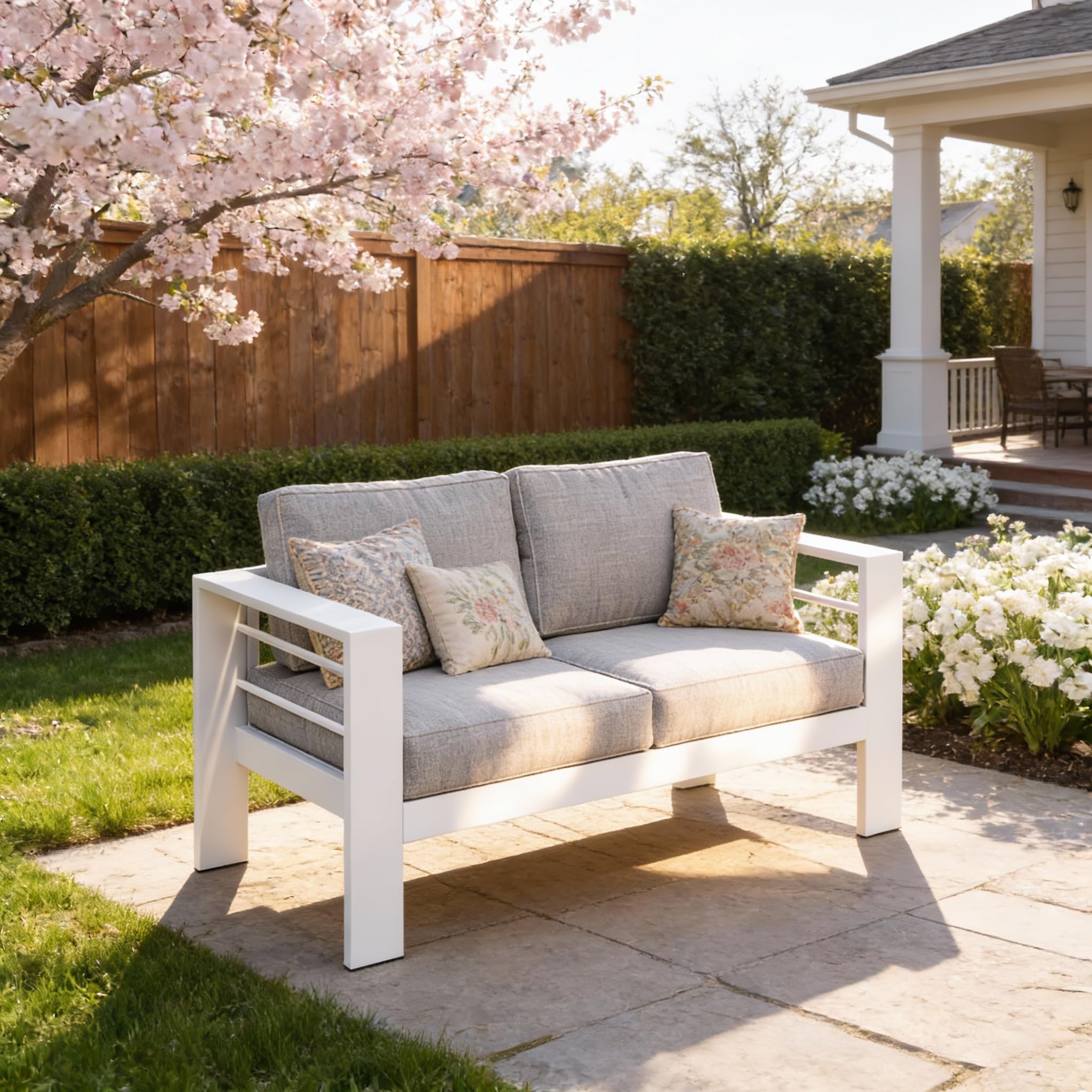 Kiss the Water Outdoor Couch Aluminum Patio Furniture Sofa, 3 Seat All-Weather Metal Patio Couch with 5" Thick and Soft Cushion and Wide Arm, Outdoor Sofa for Balcony, Porch