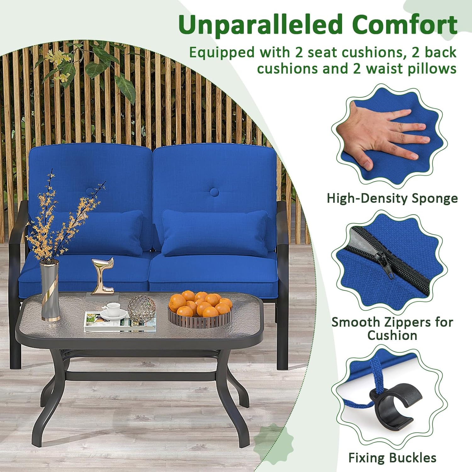 Tangkula 2 Piece Patio Furniture Set, Outdoor Loveseat Chair Set with Seat Back Cushions & Waist Pillows, Tempered Glass Coffee Table, Heavy-Duty Metal Sofa Set for Yard Garden Balcony Poolside