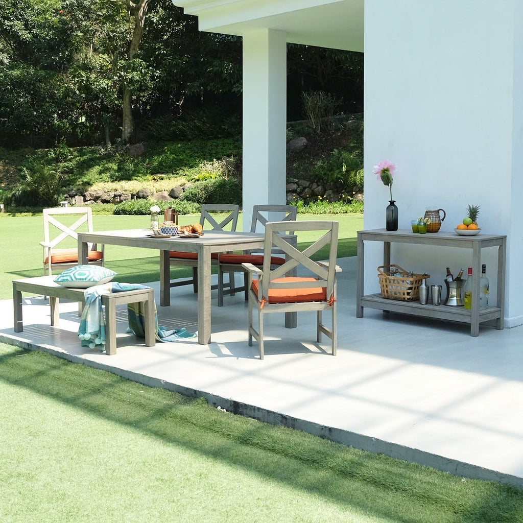 Solid Mahogany Outdoor Console Table – Weathered Gray Finish – Narrow Rustic Patio Accent Table for Porch, Deck, or Garden