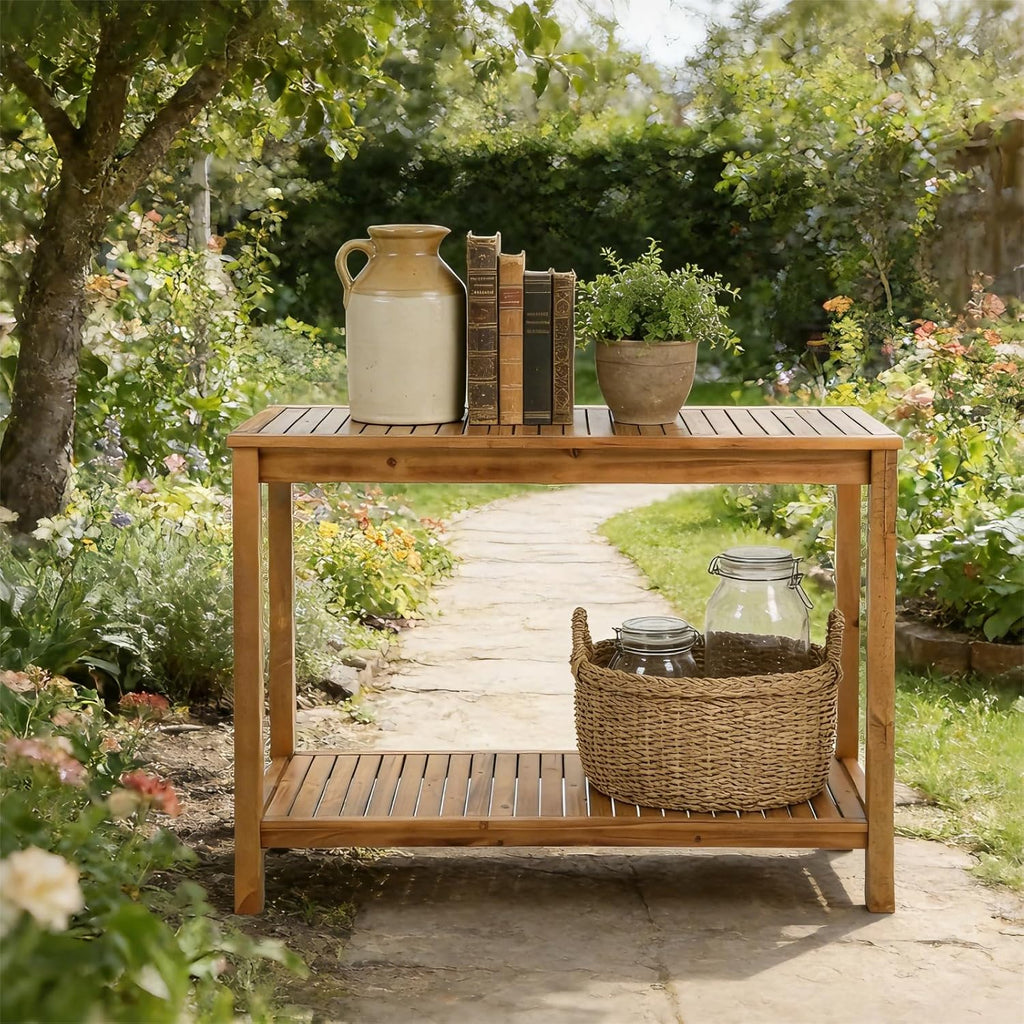 Patio Console Table 2 Shelf - 45'' Outdoor Rectangular Console Table Dining Table Long Bar Table Wooden for Backyard, Balcony, Poolside (Brown)