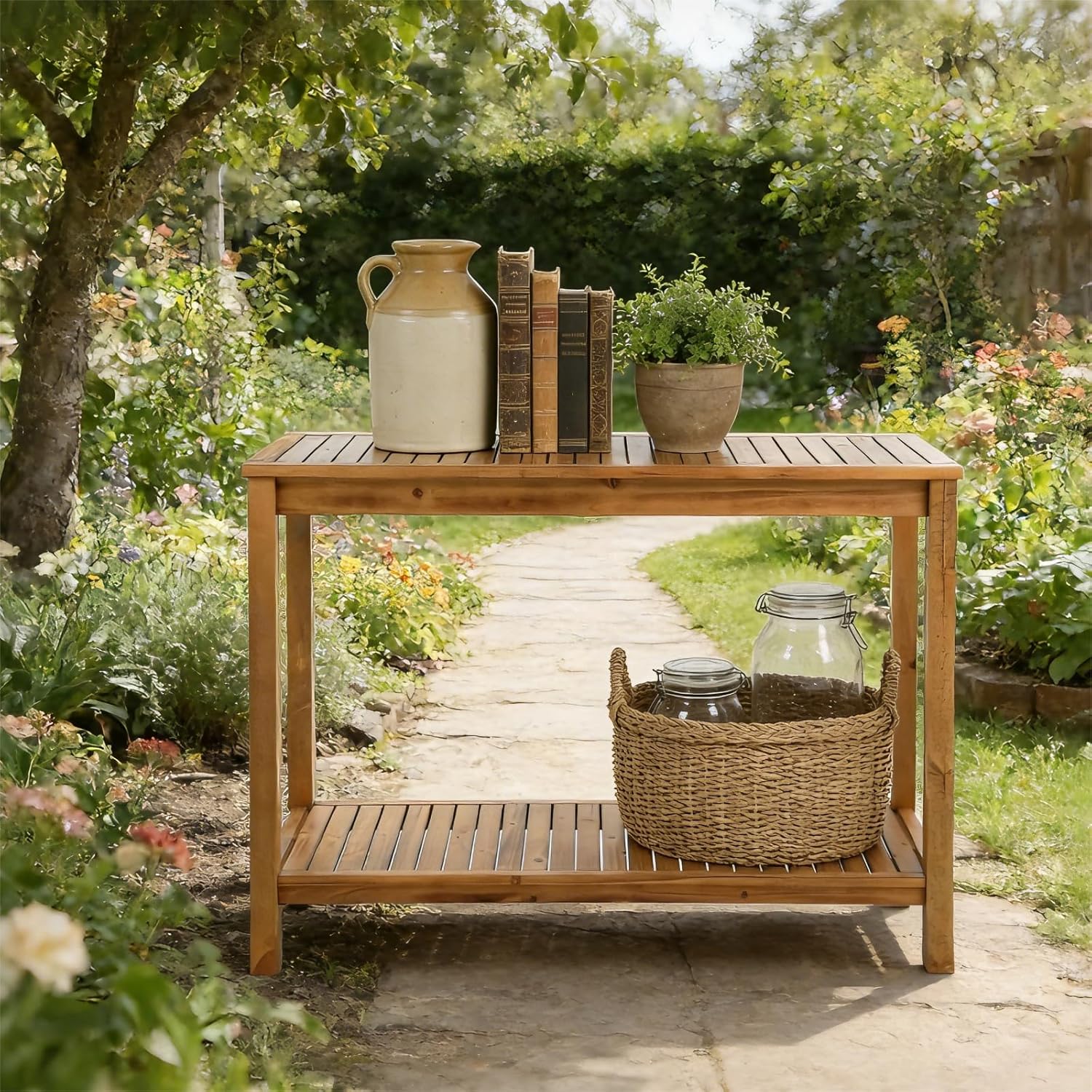 Patio Console Table 2 Shelf - 45'' Outdoor Rectangular Console Table Dining Table Long Bar Table Wooden for Backyard, Balcony, Poolside (Brown)