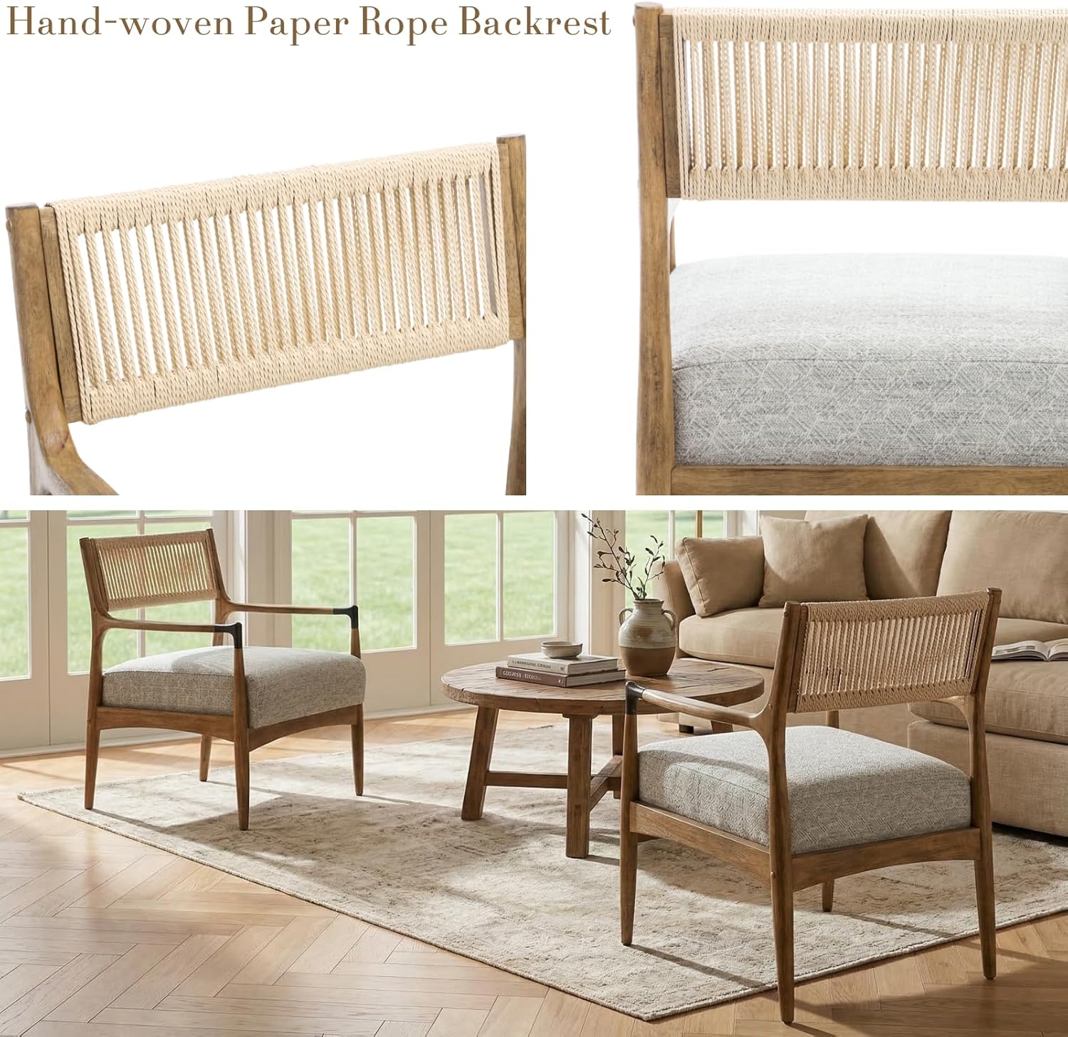 Ya-Home Mid-Century Modern Accent Chair with Woven Rope Back, Upholstered Linen Fabric Armchair with Solid Wood Frame for Living Room Bedroom, 1PC, Patterned