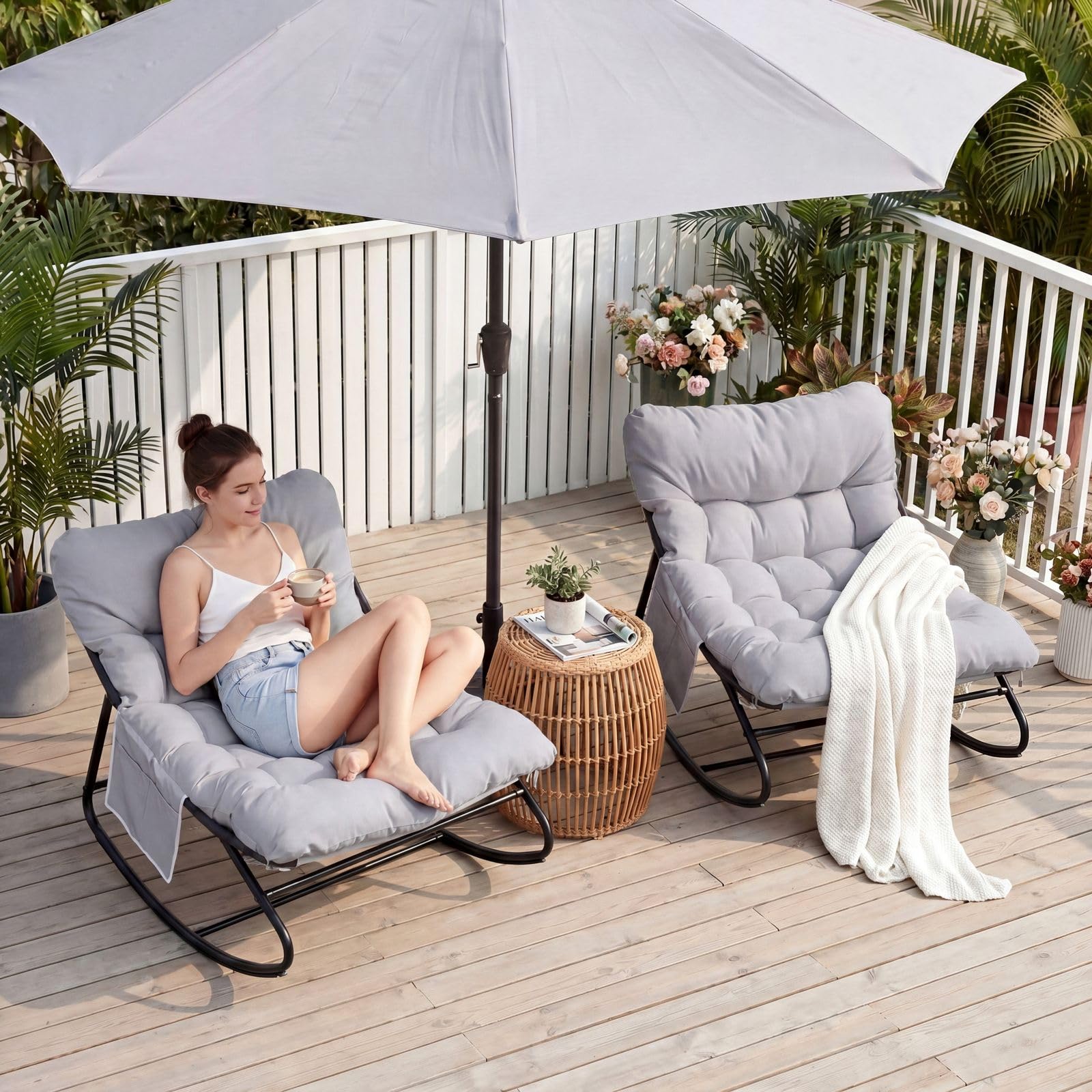 TLSUNNY Outdoor Papasan Rocking Chair, Lounge Chair with Cushion & Sturdy Metal Frame, Patio Rocker Chair for Balcony Backyard Porch Bedroom (1, Beige)