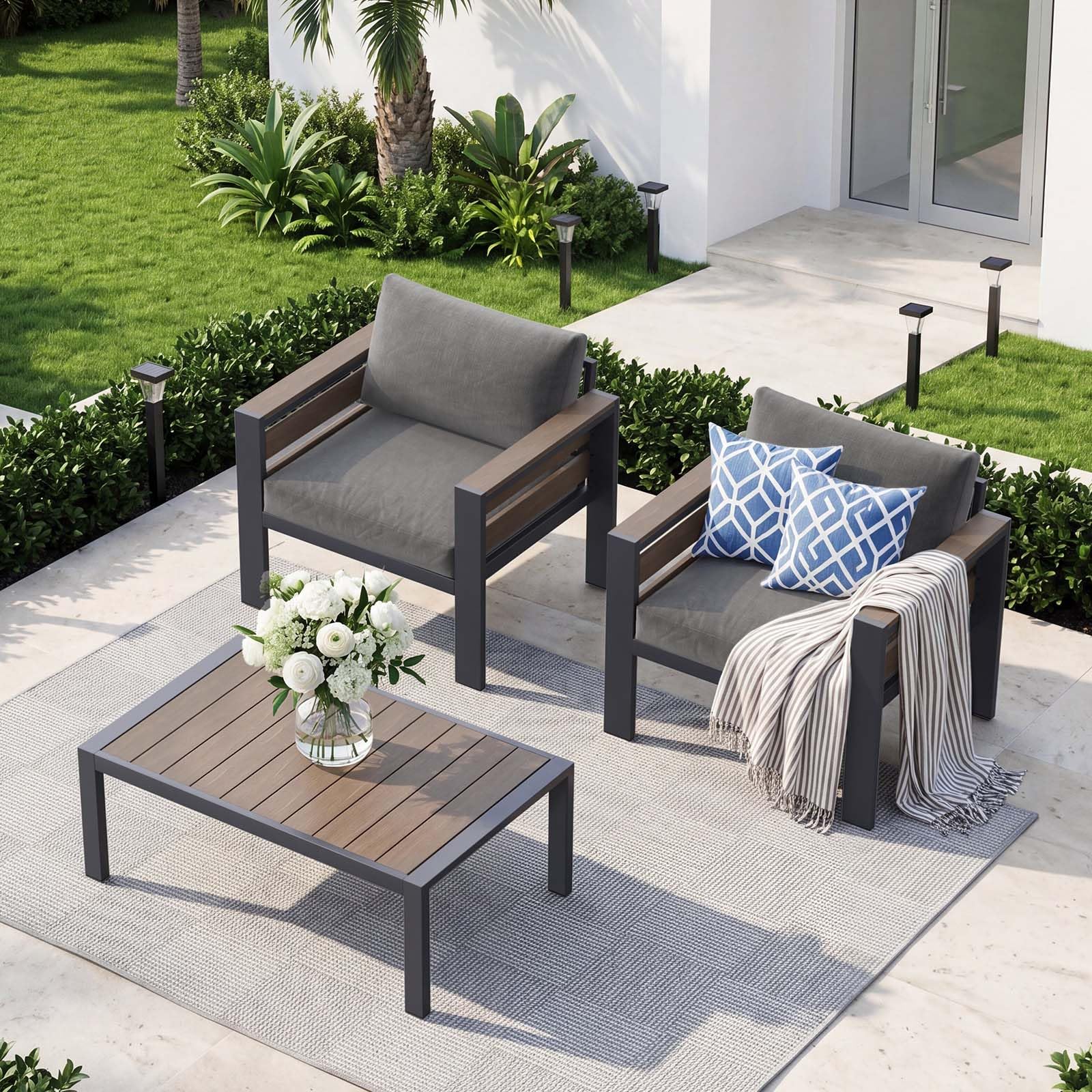 DoCred Aluminum Patio Furniture Set, 3-Seat Metal Sofa for Patio Conversation Set, Outdoor Sofa Set for Porch, Balcony, Deck, Yard, Poolside