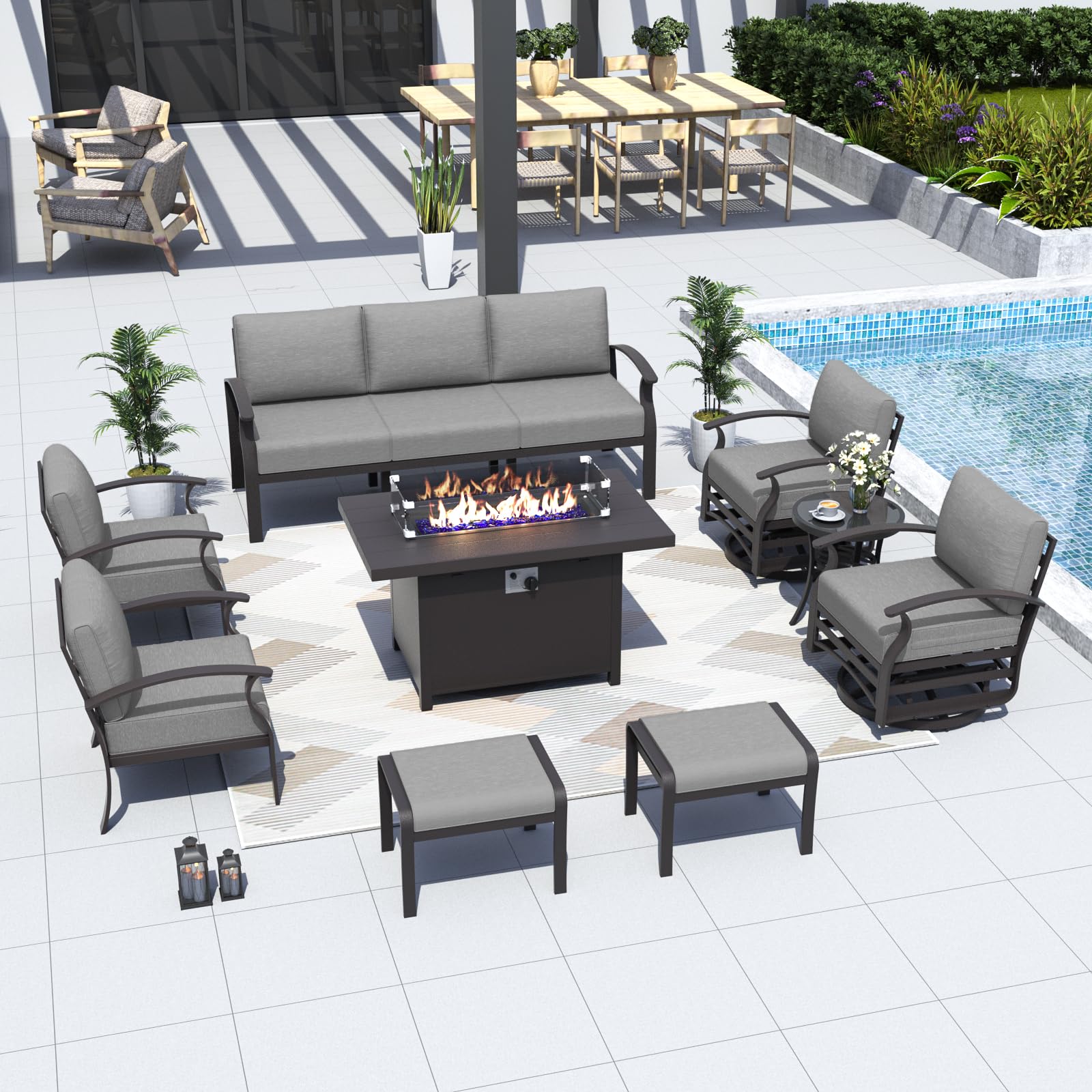 ALAULM Aluminum 3-Seat Patio Furniture Set, Metal Outdoor Furniture Sectional Sofas w/5.1" Cushions for Patio, Backyard, Poolside-DarkBlue