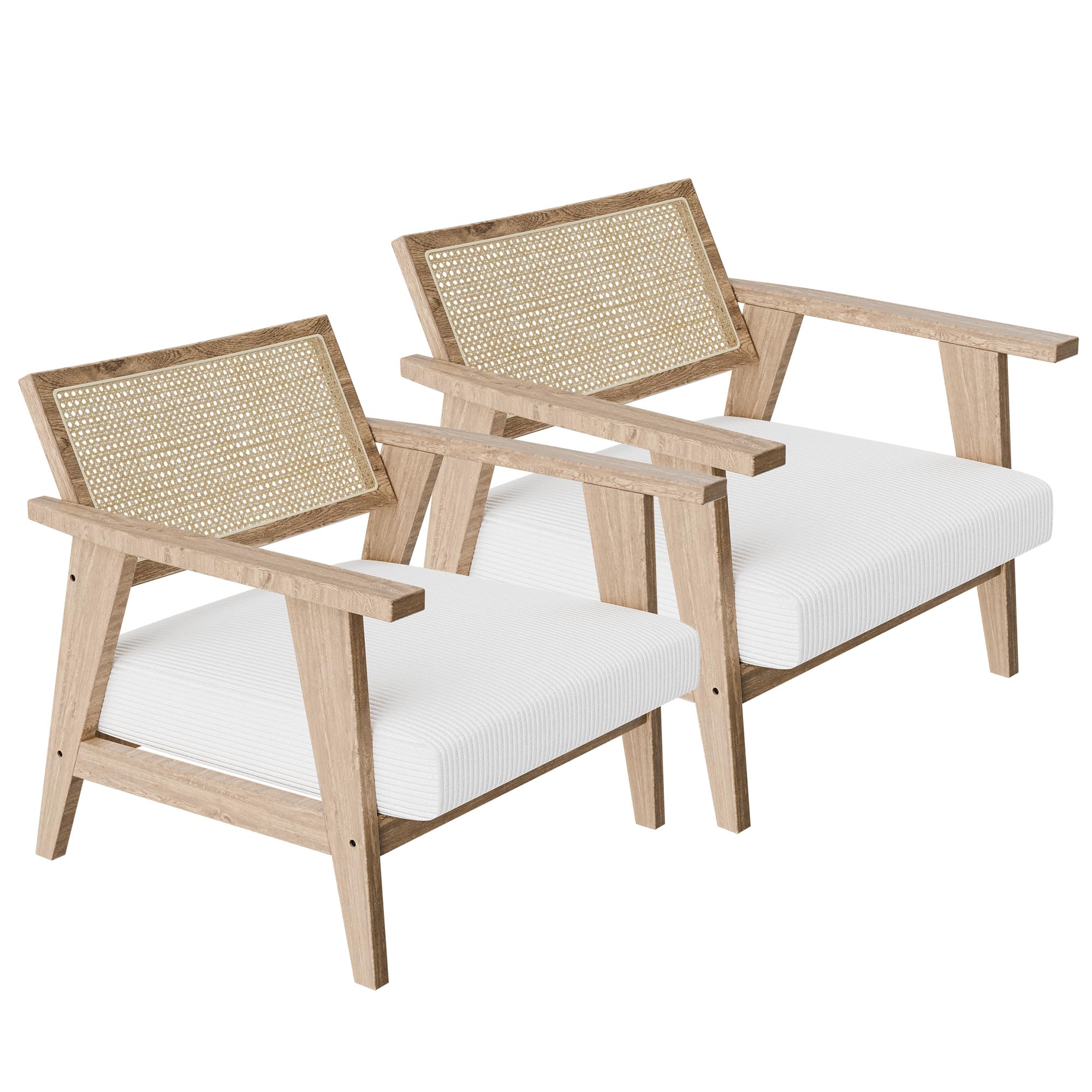 BELLEZE Mid Century Modern Rattan Chair Accent Natural Wood Armchair with Upholstered Seat and Cane Back, Boho Retro Lounge Chair for Living Room Bedroom Office