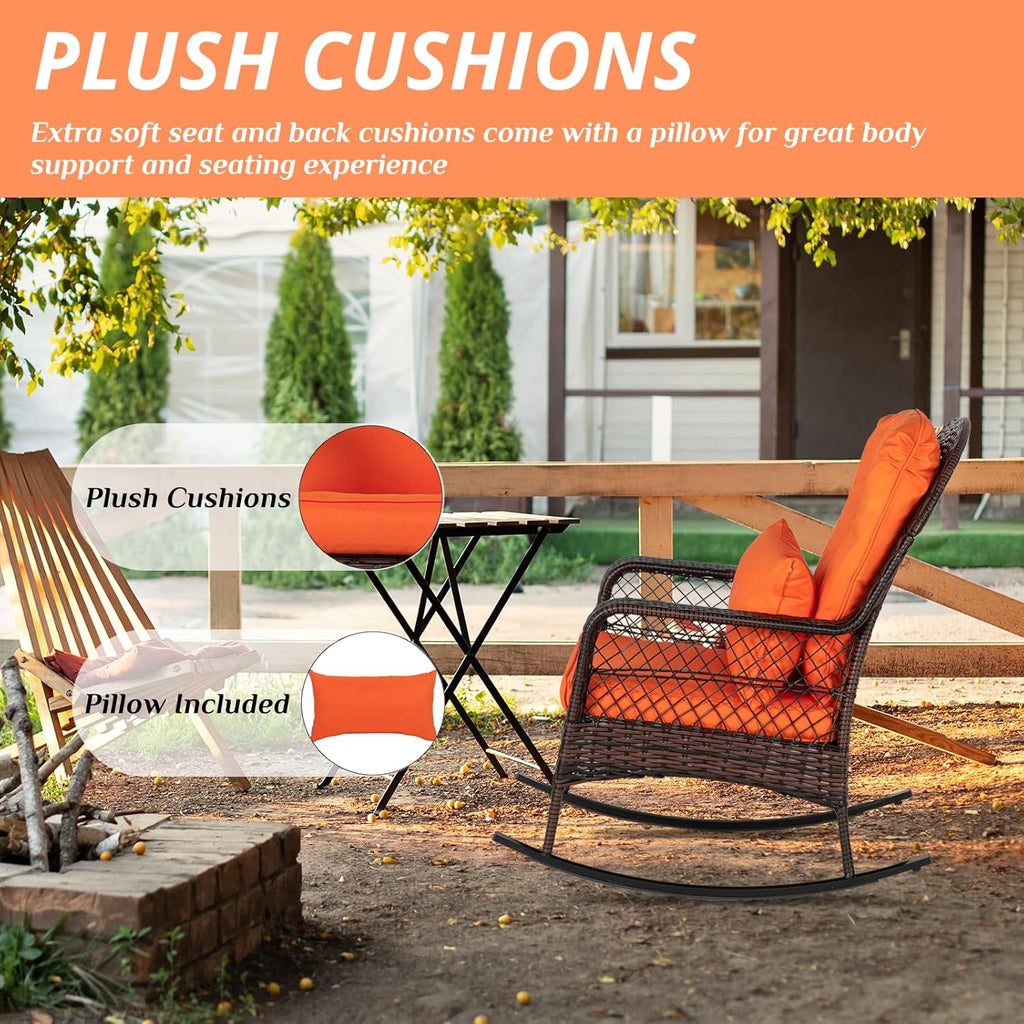 Outvita Rocking Chair, Outdoor PE Rattan Rocking Chair with Soft Orange Cushion and Pillow for Patio, Porch, Poolside, Living Room