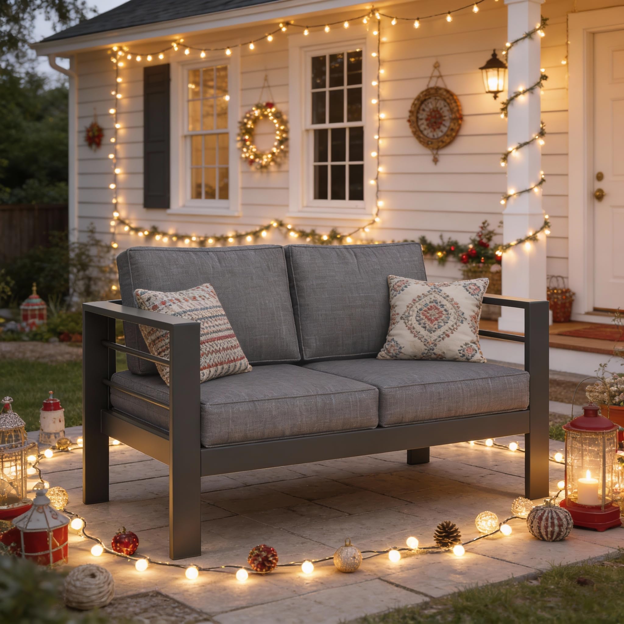 Kiss the Water Outdoor Couch Aluminum Patio Furniture Sofa, 3 Seat All-Weather Metal Patio Couch with 5" Thick and Soft Cushion and Wide Arm, Outdoor Sofa for Balcony, Porch