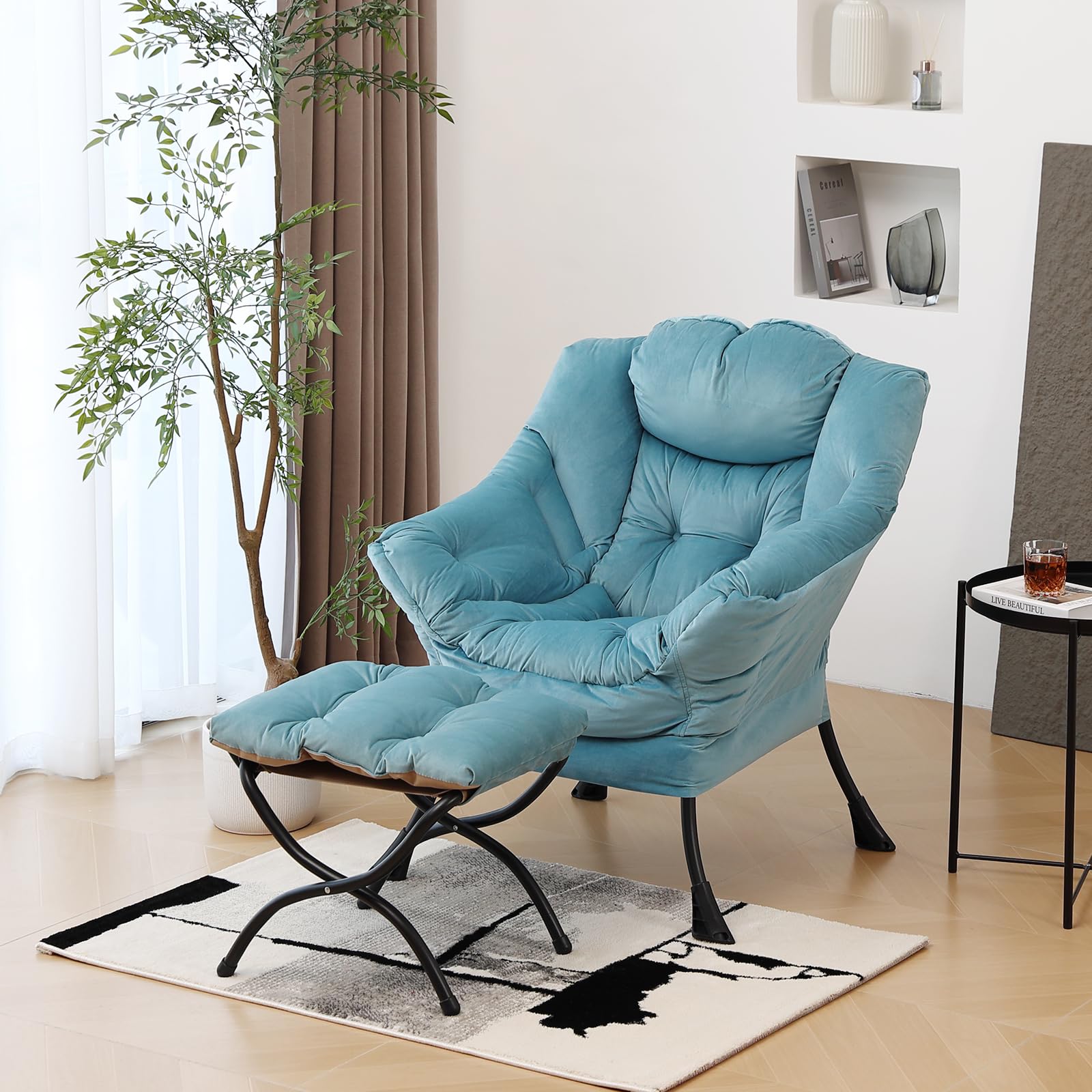 Furlide Lazy Chair with Ottoman, Modern Accent Chair with Armrests and a Side Pocket, Orange Accent Chairs, Reading Chairs, Oversized Armchairs for Bedroom, Study, Living Room, Courtyard