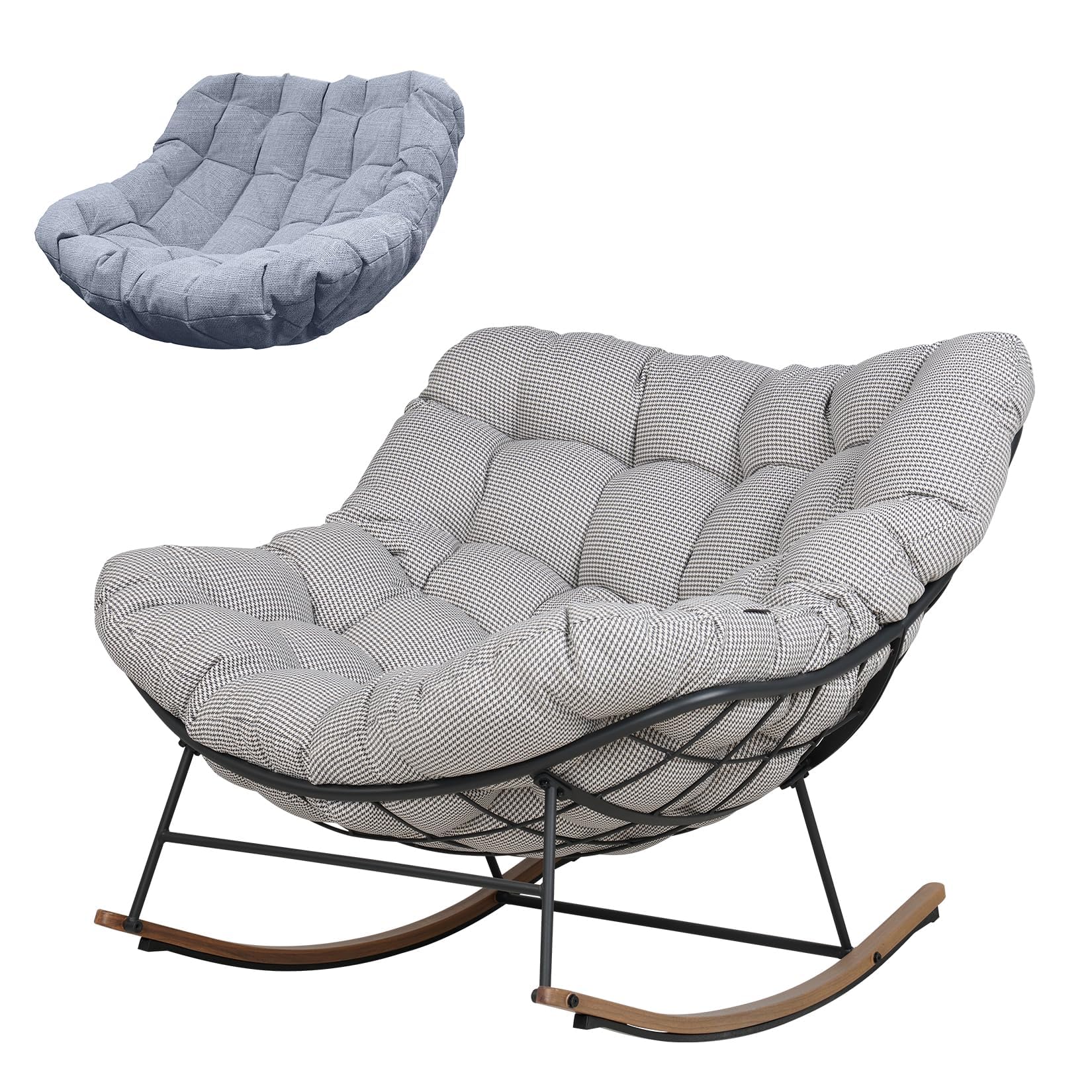 Grand patio Outdoor Rocking Chair, Oversized Papasan Rocking Chair with Thick Cushion, Indoor Outdoor Cozy Rocker for Balcony, Living Room, Patio, Gray