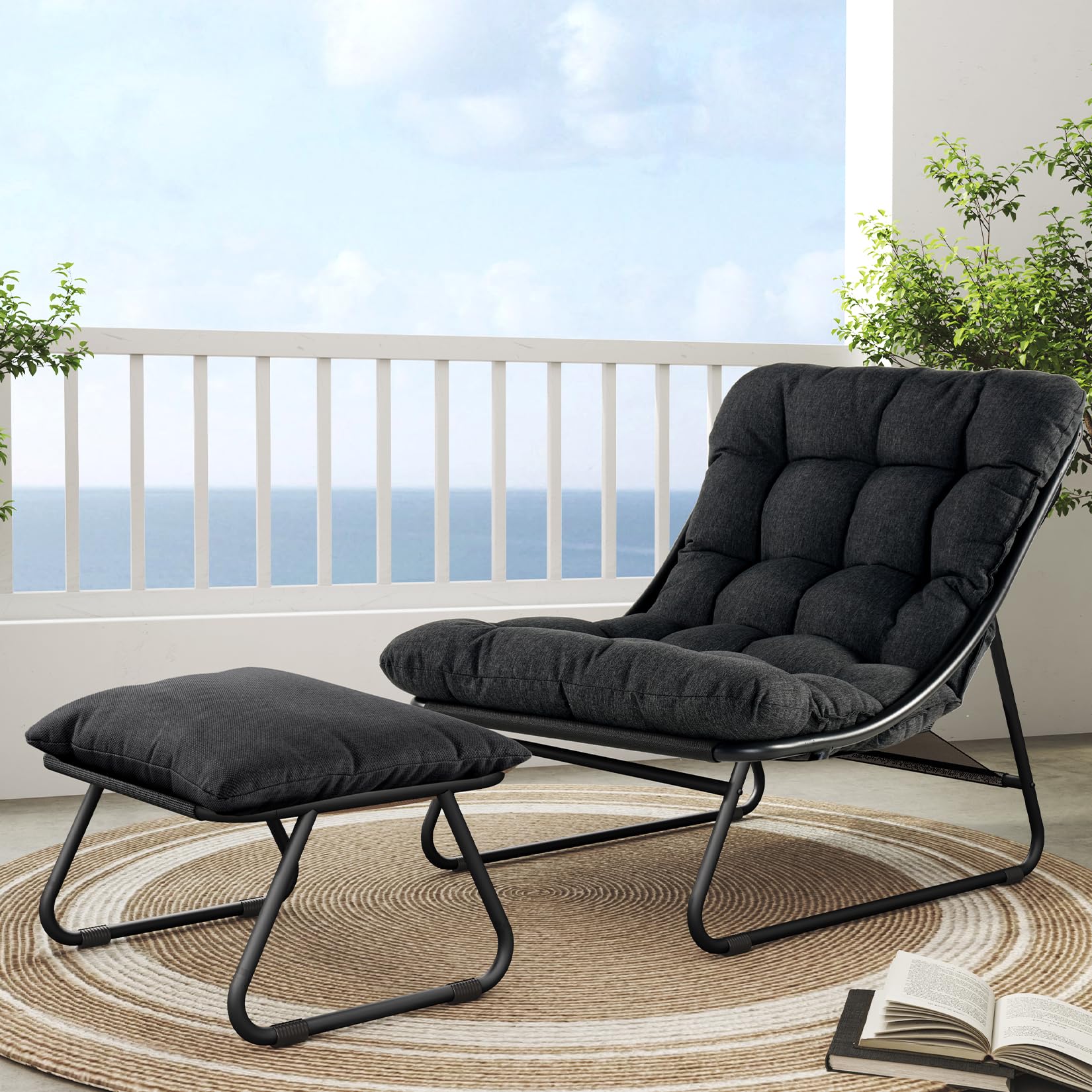 Grand patio Outdoor Lounge Chair with Foot Stool, Comfy Sling Recliner Chair with Puffy Cushion and Foot Rest, Modern Patio Furniture Set for Porch Deck Garden, Champagne Gray