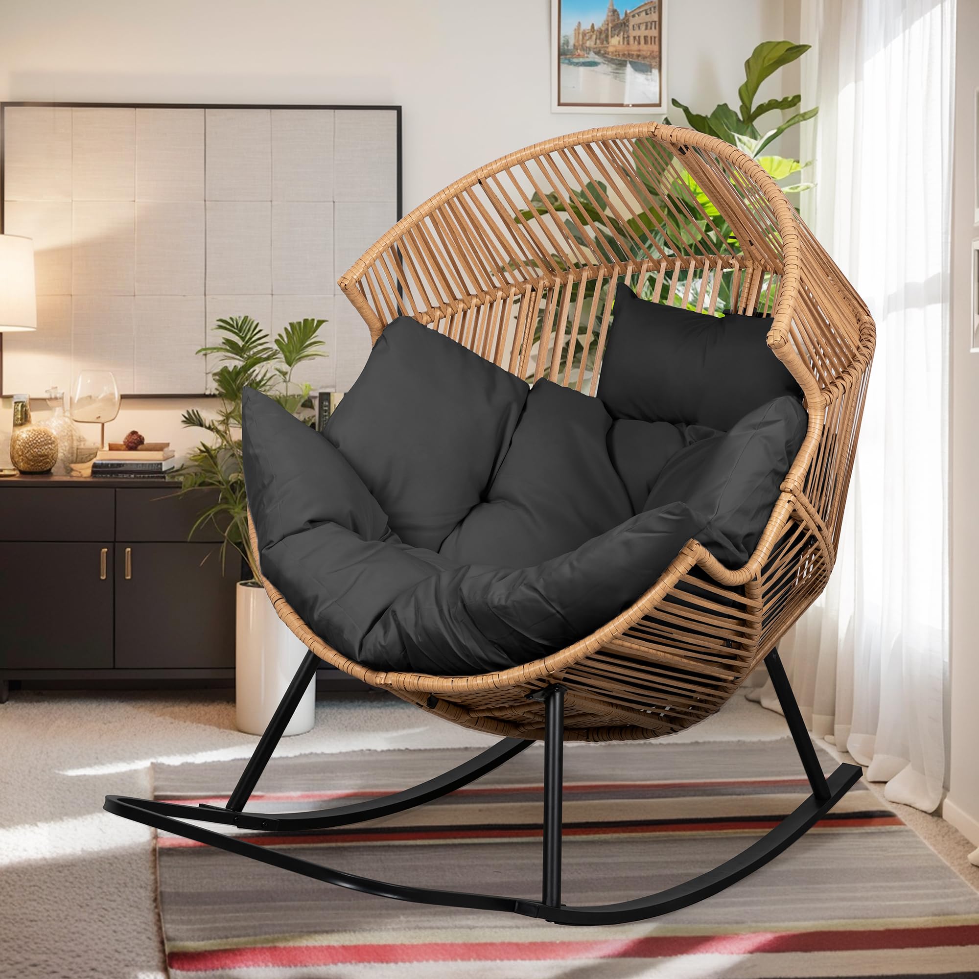 Vongrasig Outdoor Wicker Egg Chair PE Rattan Chair with Cushion, Oversized Patio Lounge Chair for Outdoor, Indoor, Balcony, Backyard, Garden, Beige