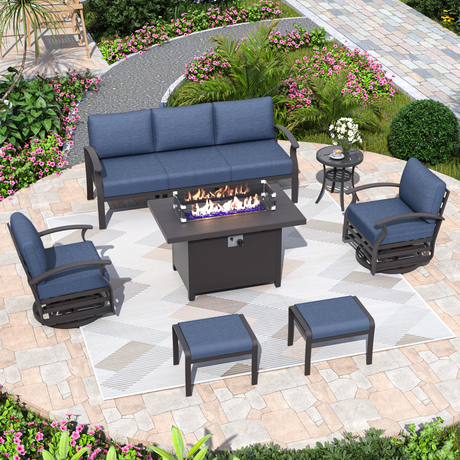 ALAULM Aluminum 3-Seat Patio Furniture Set, Metal Outdoor Furniture Sectional Sofas w/5.1" Cushions for Patio, Backyard, Poolside-DarkBlue