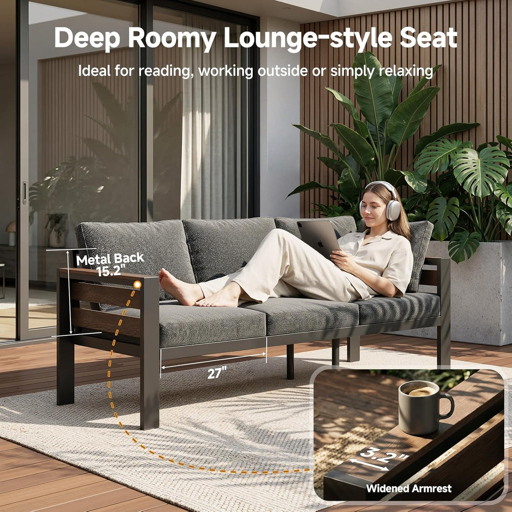 Outdoor Aluminum Patio Furniture Set, 3 Seat Rust-resistant Patio Conversation Sofa with Thick Washable Cushions and 15.2"H Supported Back, Oversized Metal Sectional Sofa Set for Backyard Porch Deck