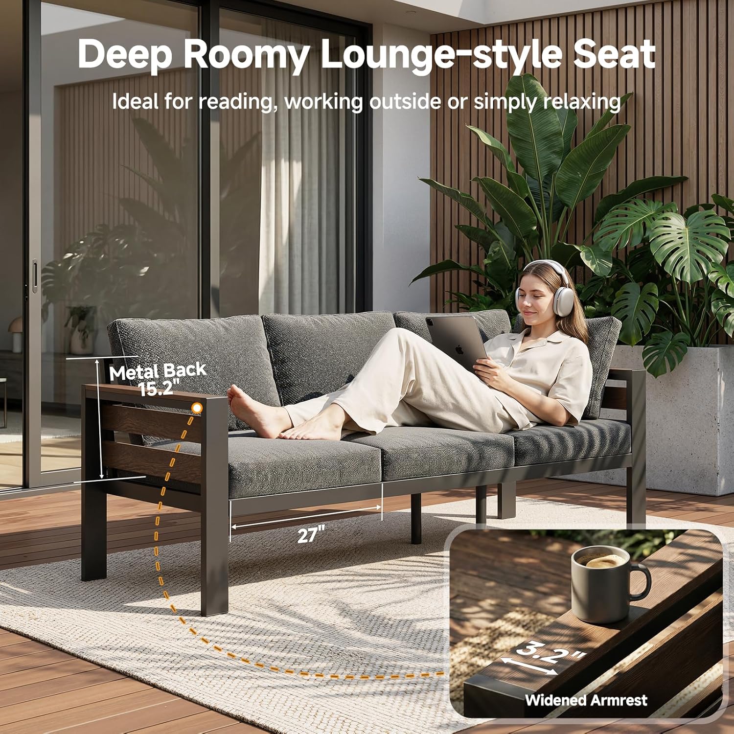 Outdoor Aluminum Patio Furniture Set, 3 Seat Rust-resistant Patio Conversation Sofa with Thick Washable Cushions and 15.2"H Supported Back, Oversized Metal Sectional Sofa Set for Backyard Porch Deck