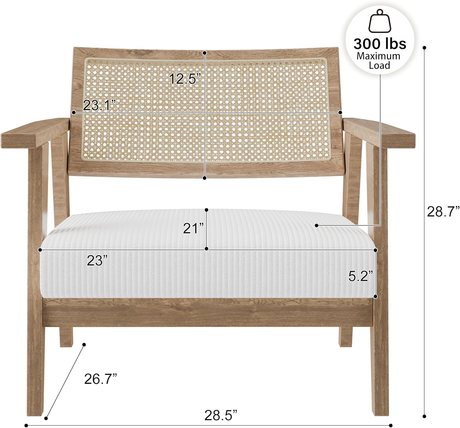 BELLEZE Mid Century Modern Rattan Chair Accent Natural Wood Armchair with Upholstered Seat and Cane Back, Boho Retro Lounge Chair for Living Room Bedroom Office