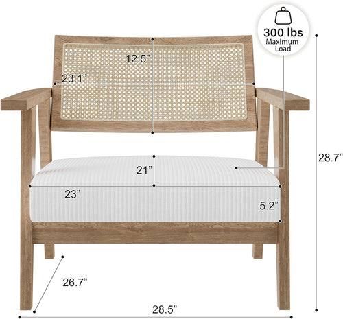 BELLEZE Mid Century Modern Rattan Chair Accent Natural Wood Armchair with Upholstered Seat and Cane Back, Boho Retro Lounge Chair for Living Room Bedroom Office