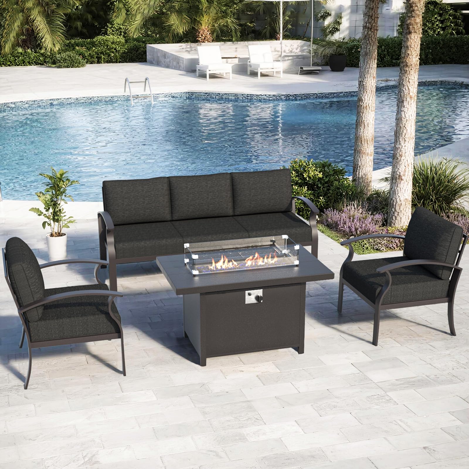 ALAULM Aluminum 3-Seat Patio Furniture Set, Metal Outdoor Furniture Sectional Sofas w/5.1" Cushions for Patio, Backyard, Poolside-DarkBlue