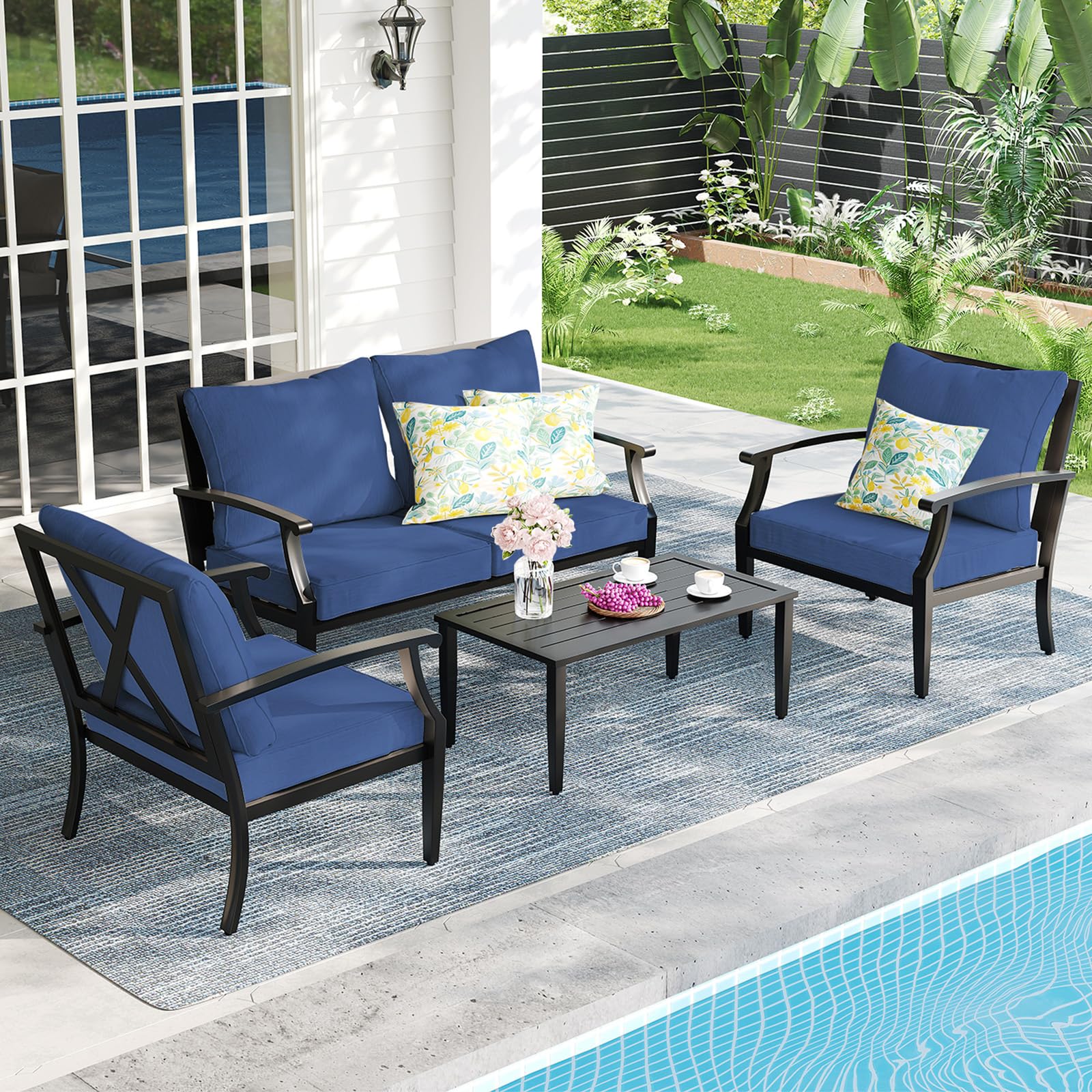 4-Piece Patio Furniture Set, Wider Outdoor Metal Seating Sofa with High Back & Loveseat, Coffee Table, All Weather Metal Conversation Set for Backyard, Poolside, Deck-Beige
