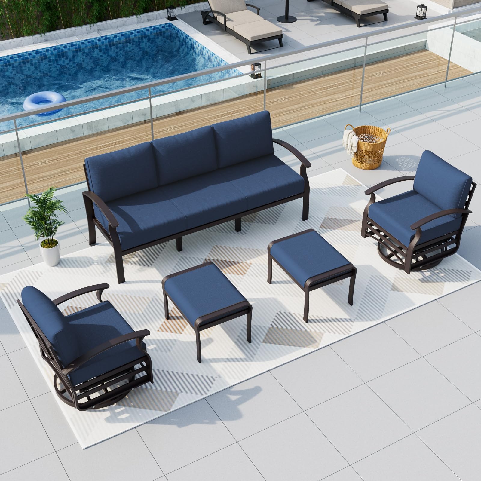 ALAULM Aluminum 3-Seat Patio Furniture Set, Metal Outdoor Furniture Sectional Sofas w/5.1" Cushions for Patio, Backyard, Poolside-DarkBlue