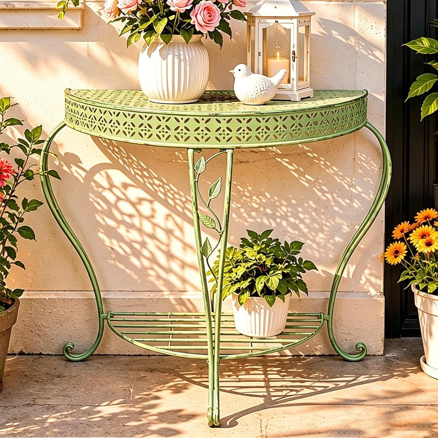 Outdoor Metal Console Table for Entryway, Half Moon Patio Accent Table with Storage Shelf, Rustic Vintage Sofa Desk for Front Porch, Balcony, Garden, Hallway(Green)