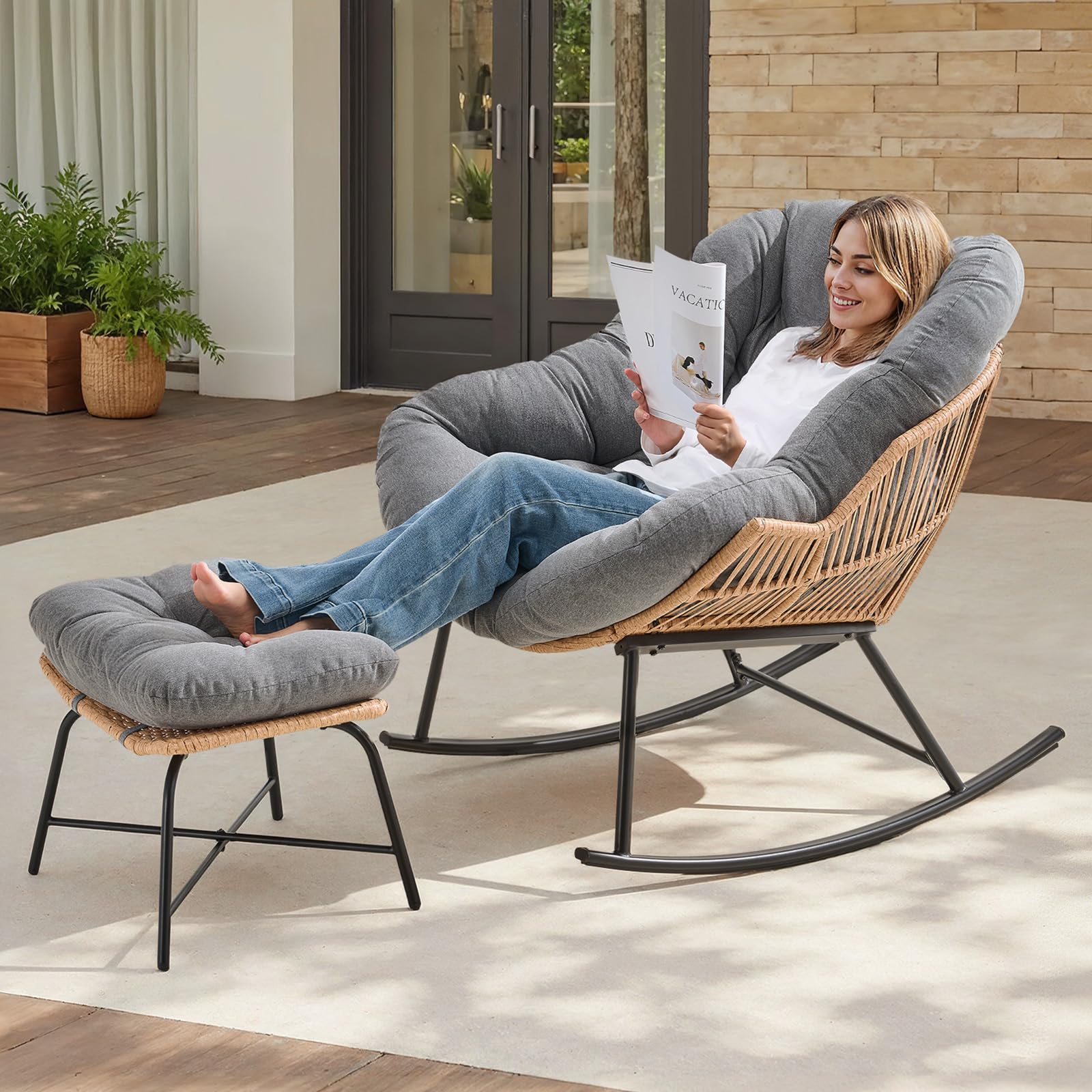 ONBRILL Papasan Rocking Chair with Ottoman,Oversized Papasan Chair with Padded Cushion, Indoor & Outdoor Rocker Chair for Living Room, Patio, Garden, Beige
